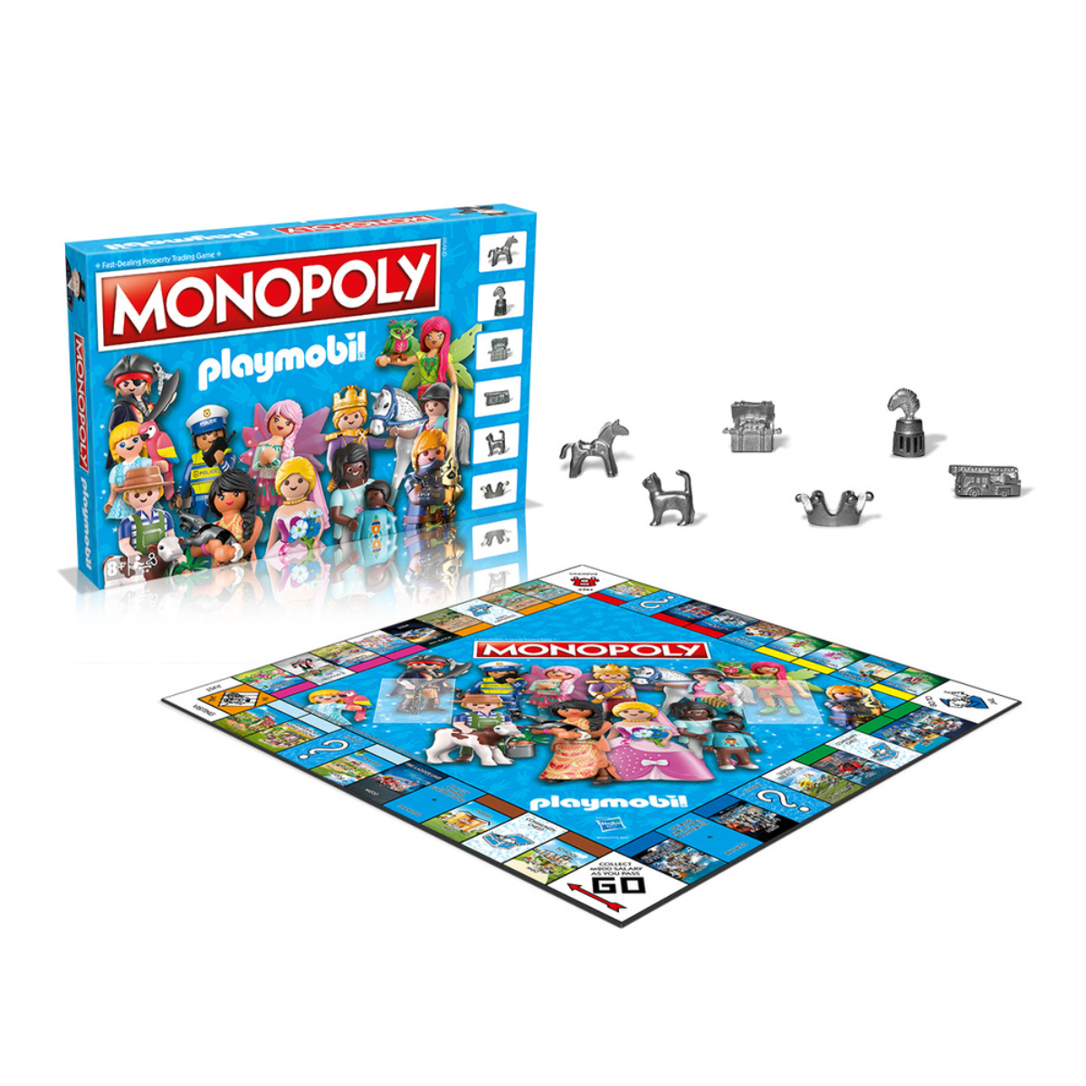 Monopoly Playmobil Spielbox, Spielbrett und Playmobil Figuren. Würfel und Spielsteine sichtbar.