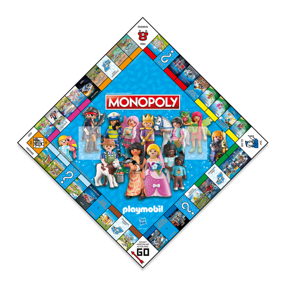 Playmobil Monopoly Brettspiel mit bunten Figuren und Spielfeldern auf Weiß.