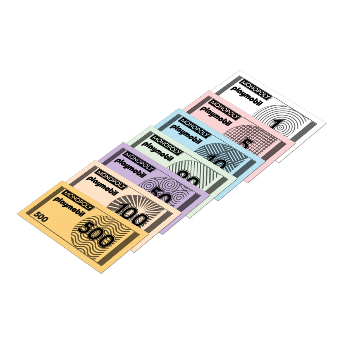 Monopoly-Geldsatz. Geldscheine in verschiedenen Farben und Stückelungen, von 5 bis 500.