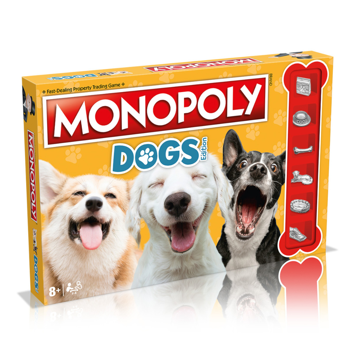 Scatola di Monopoly Dogs con tre cani sorridenti. La scatola è gialla e ha dettagli del gioco.