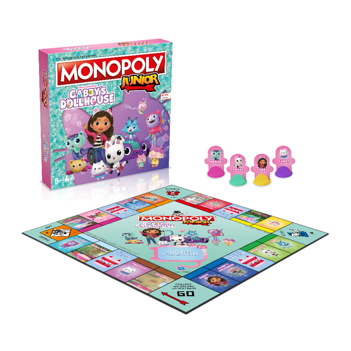 Scatola del gioco Monopoly Junior con tema Gabby's Dollhouse. Sono mostrati il tabellone, le pedine e i pezzi.