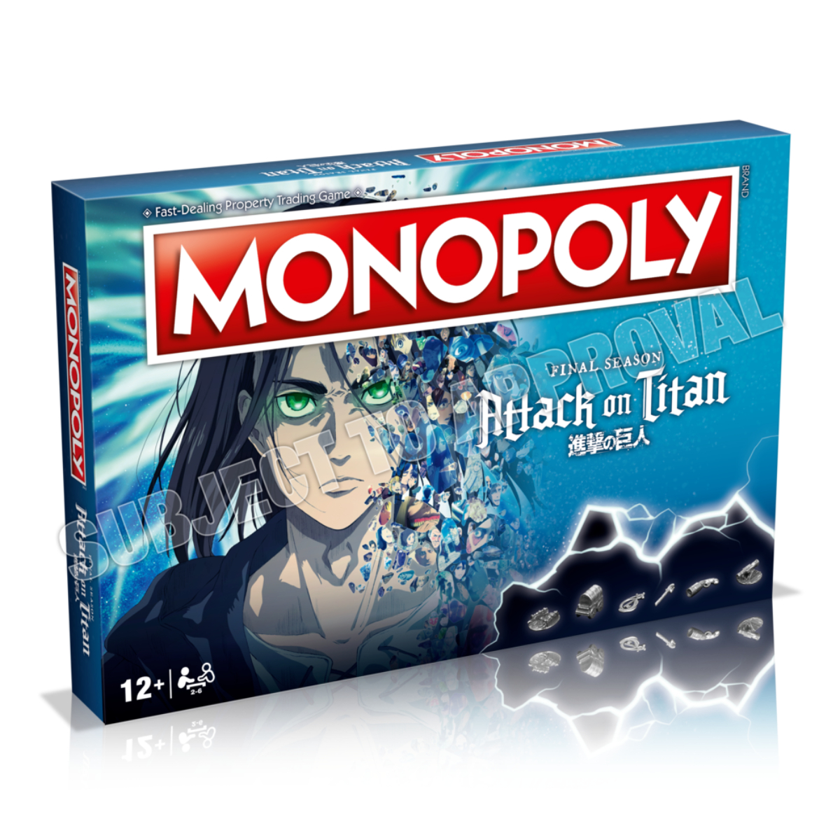 Monopoly Attack on Titan Brettspielbox, zeigt Anime-Charaktere.