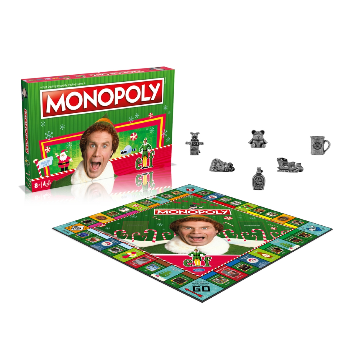 Monopoly-Brettspiel mit Elf-Thema. Brett geöffnet, Figuren ausgestellt, Schachtel im Hintergrund.