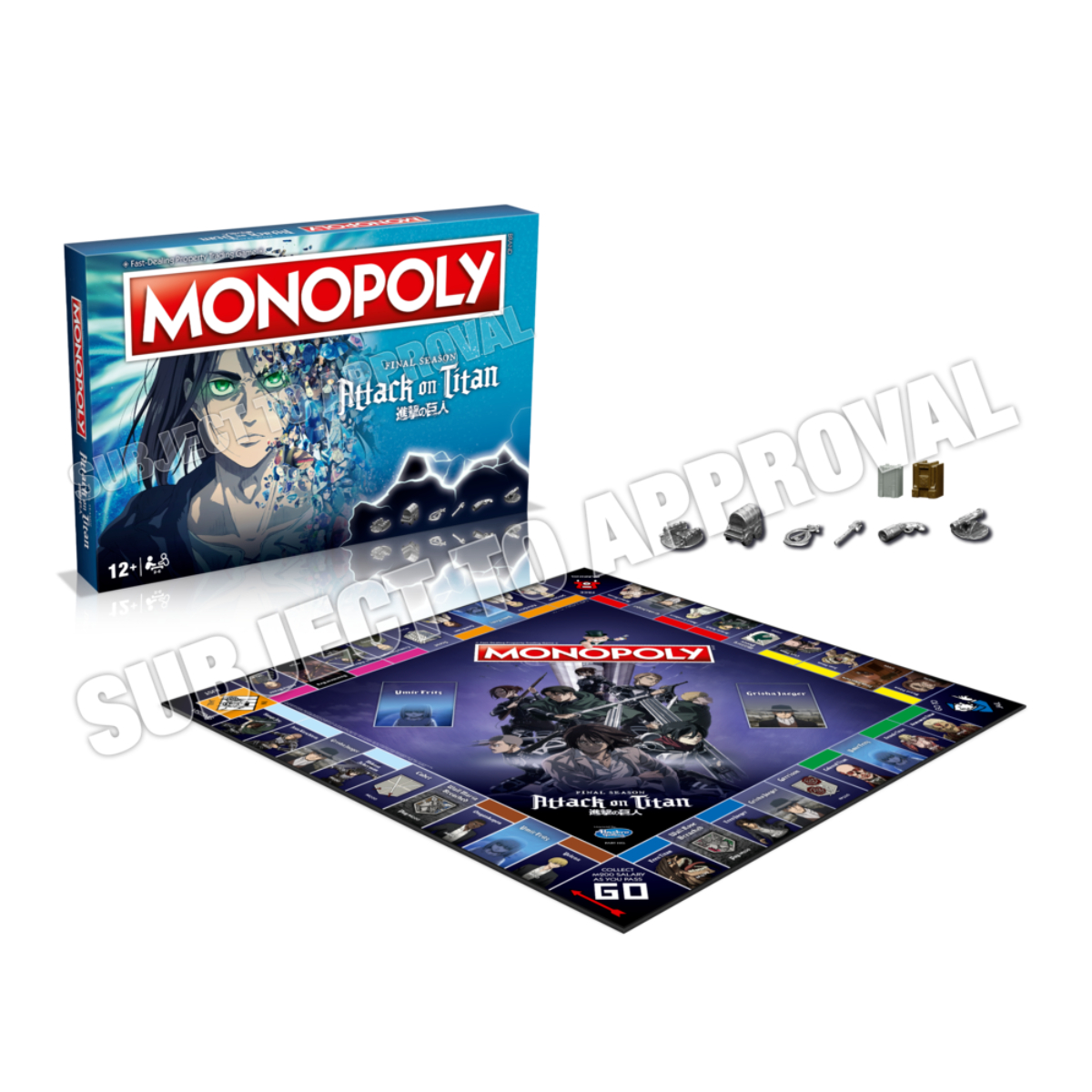 Monopoly-Brettspiel mit Attack on Titan-Thema, mit Spielbrett, Figuren und Spielbox.