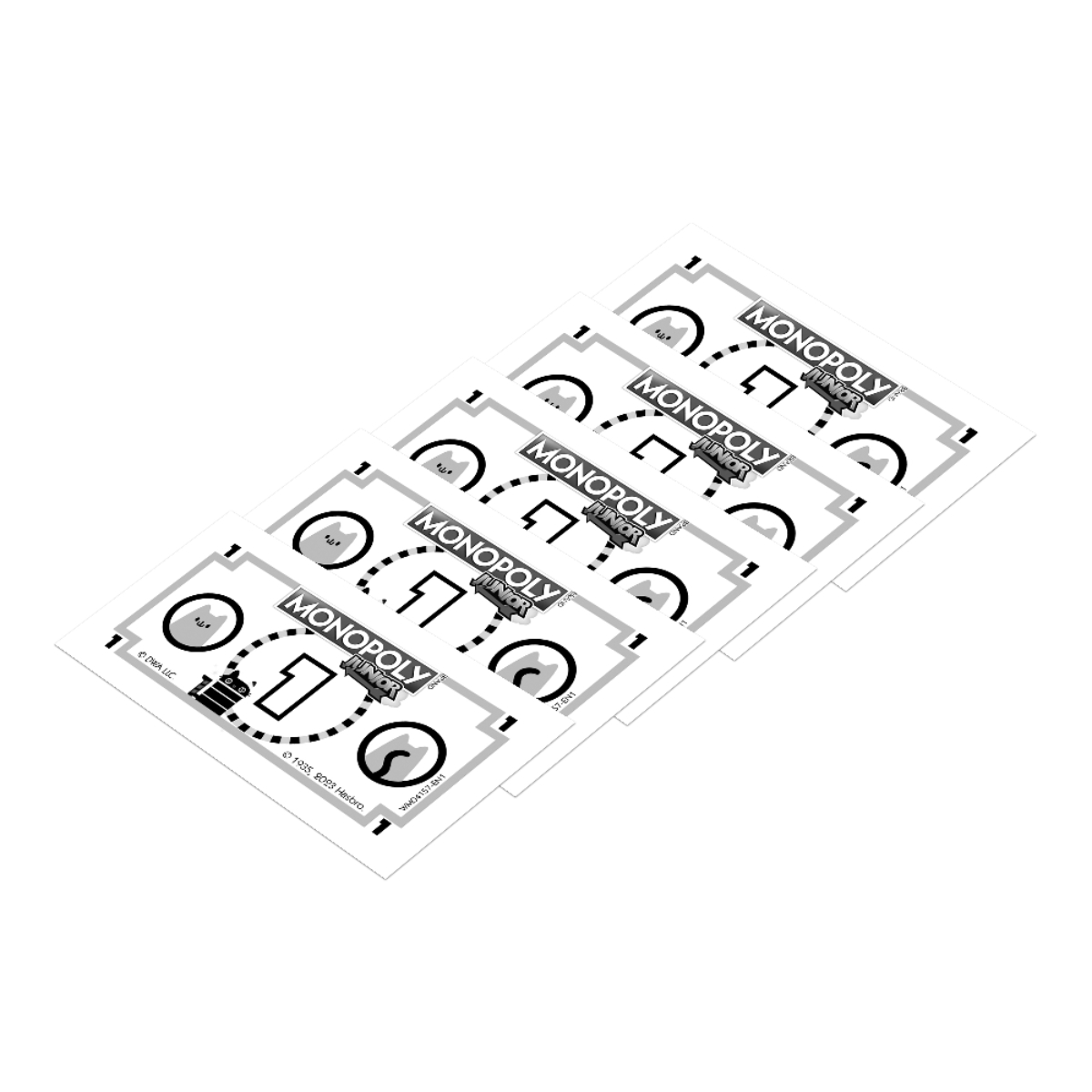 Le carte del gioco Monopoly Junior sono disposte, in bianco e nero.