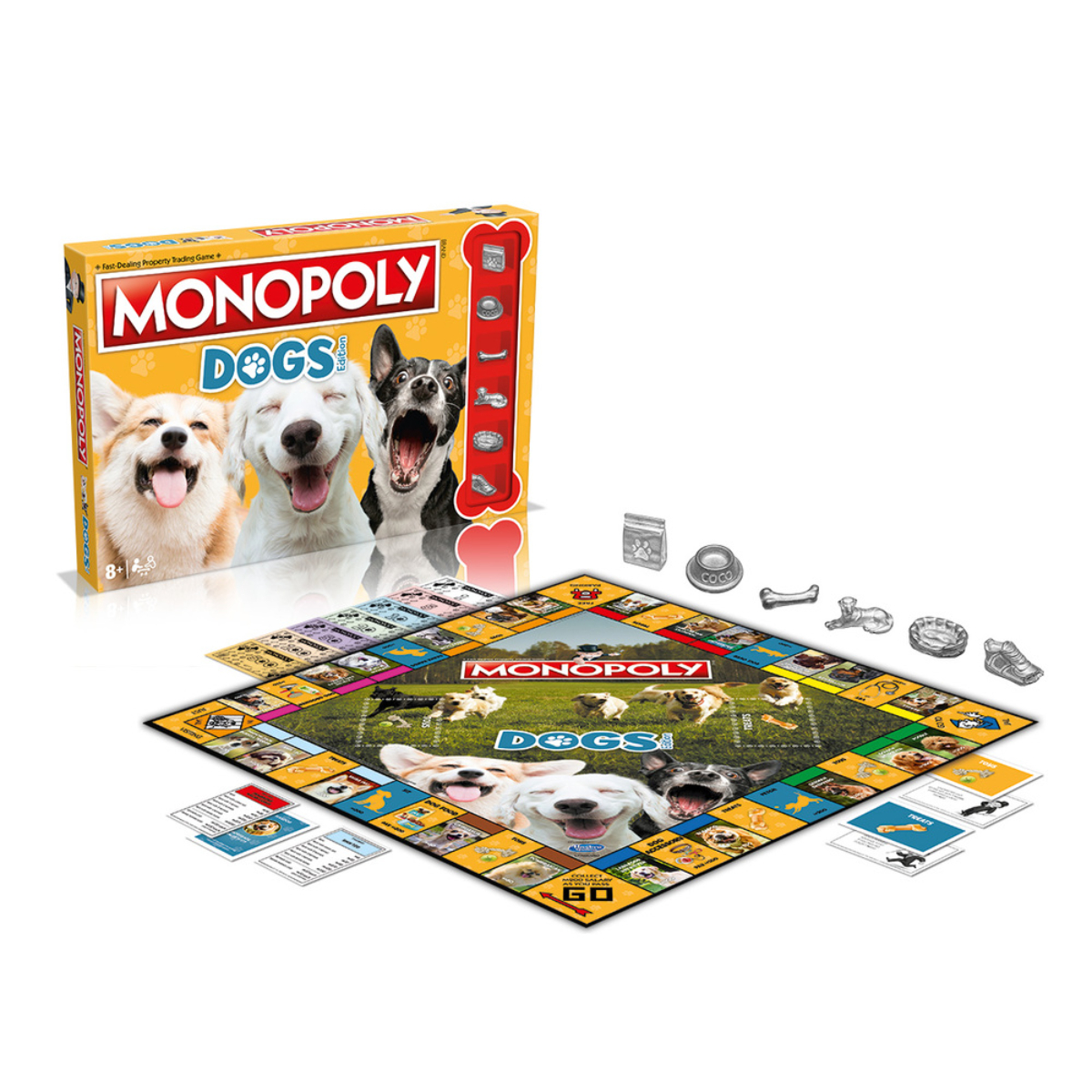 Scatola, tabellone e accessori del gioco Monopoly Dogs. Cani, carte e dadi.
