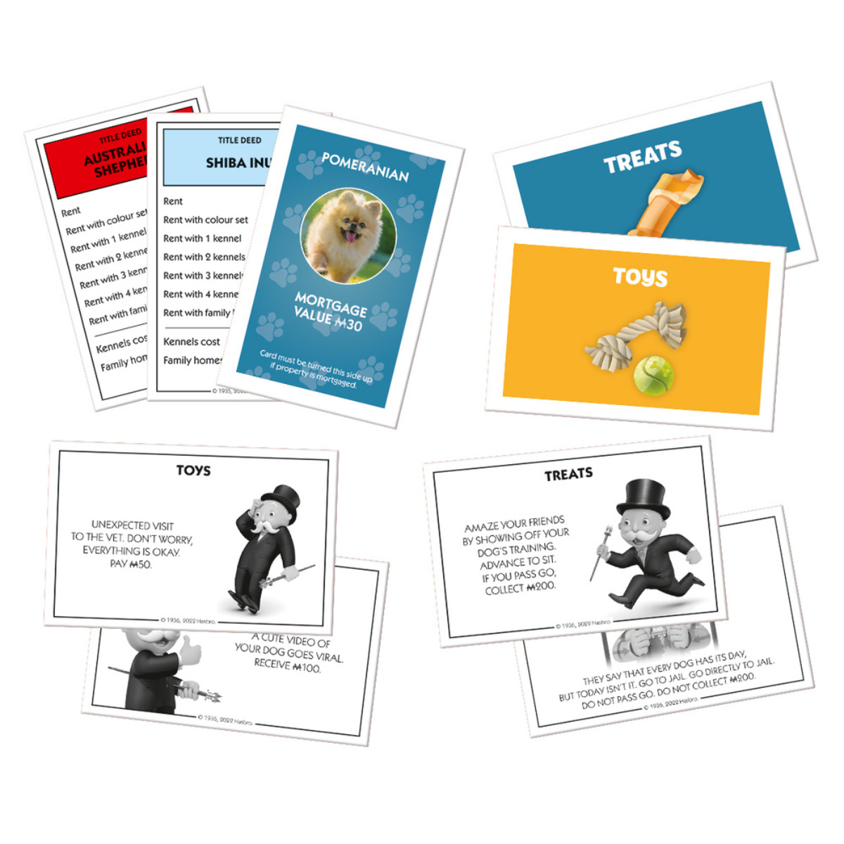 Carte del Monopoli: Titoli di proprietà, Dolcetti e Giocattoli. Un'immagine di cane su una carta.