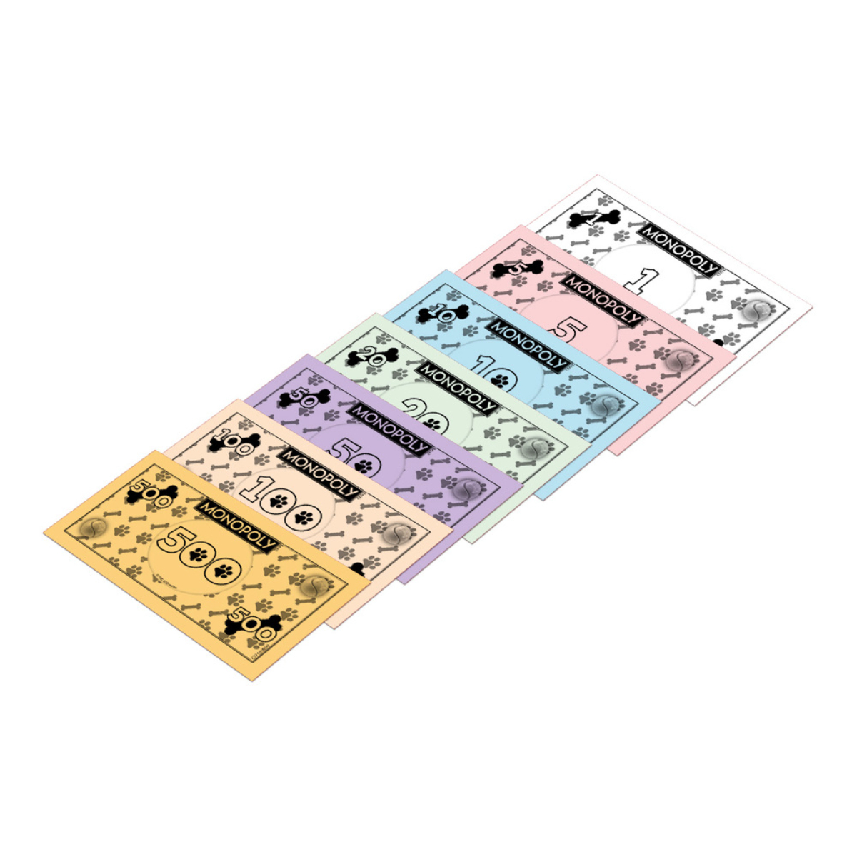 Un gioco del Monopoli con soldi del Monopoli. Lo sfondo è bianco.