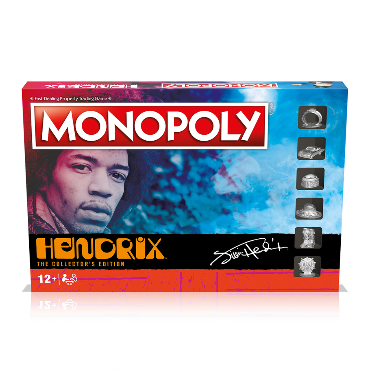 Scatola Monopoly Hendrix Collector's Edition. La scatola mostra l'immagine di Hendrix e i pezzi del gioco.