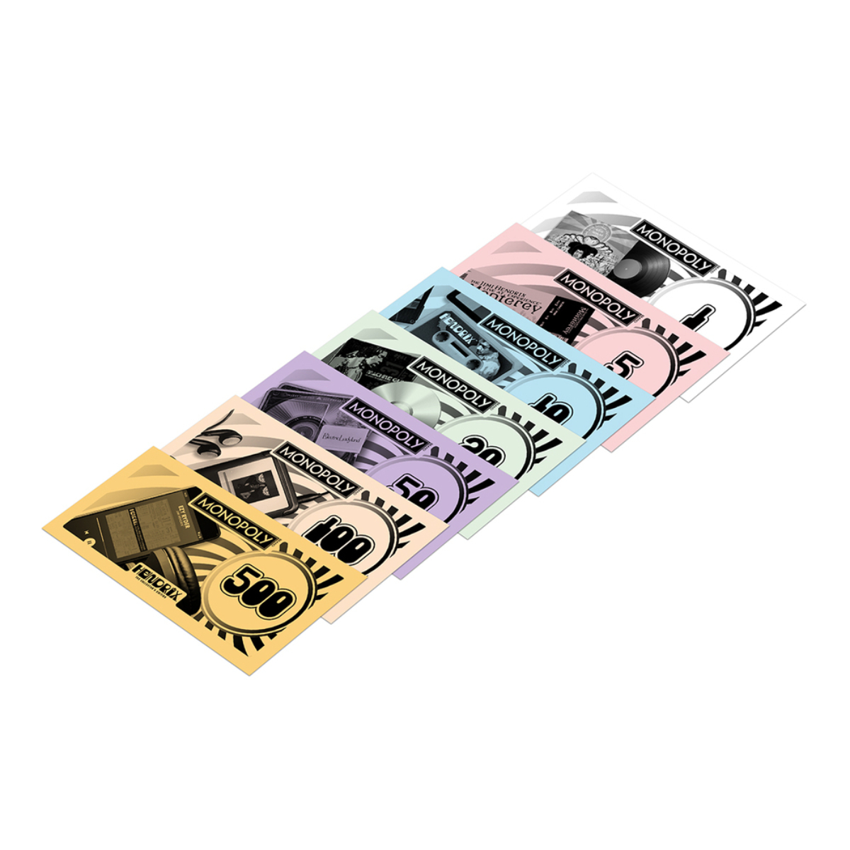 Soldi Monopoly in vari colori: giallo, rosa, blu, viola, azzurro. I valori sono visualizzati.