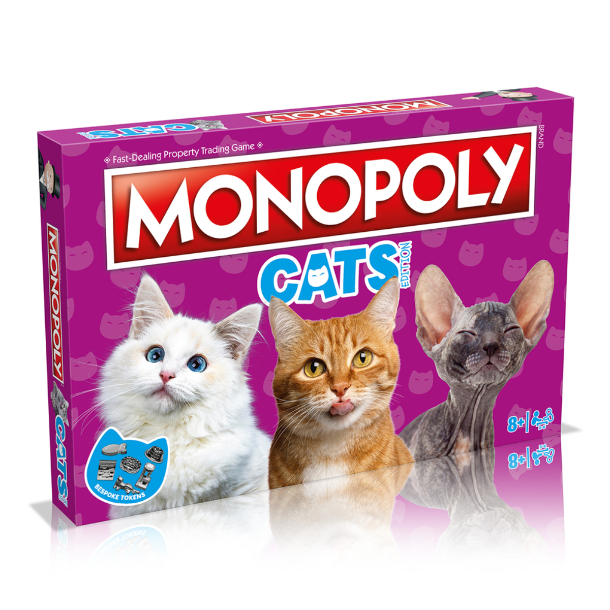 Scatola del gioco da tavolo Monopoly Cats. Tre gatti sono sul fronte, bianco, arancione e grigio.