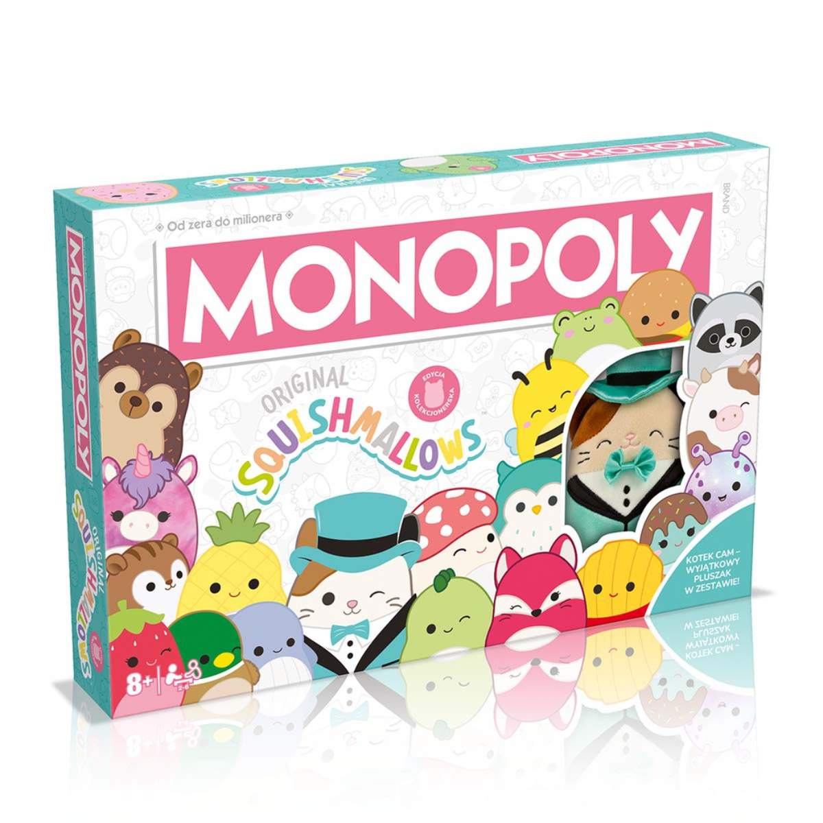 Monopoly-Brettspiel mit Squishmallows-Figuren auf der Box, mit weißem Hintergrund.