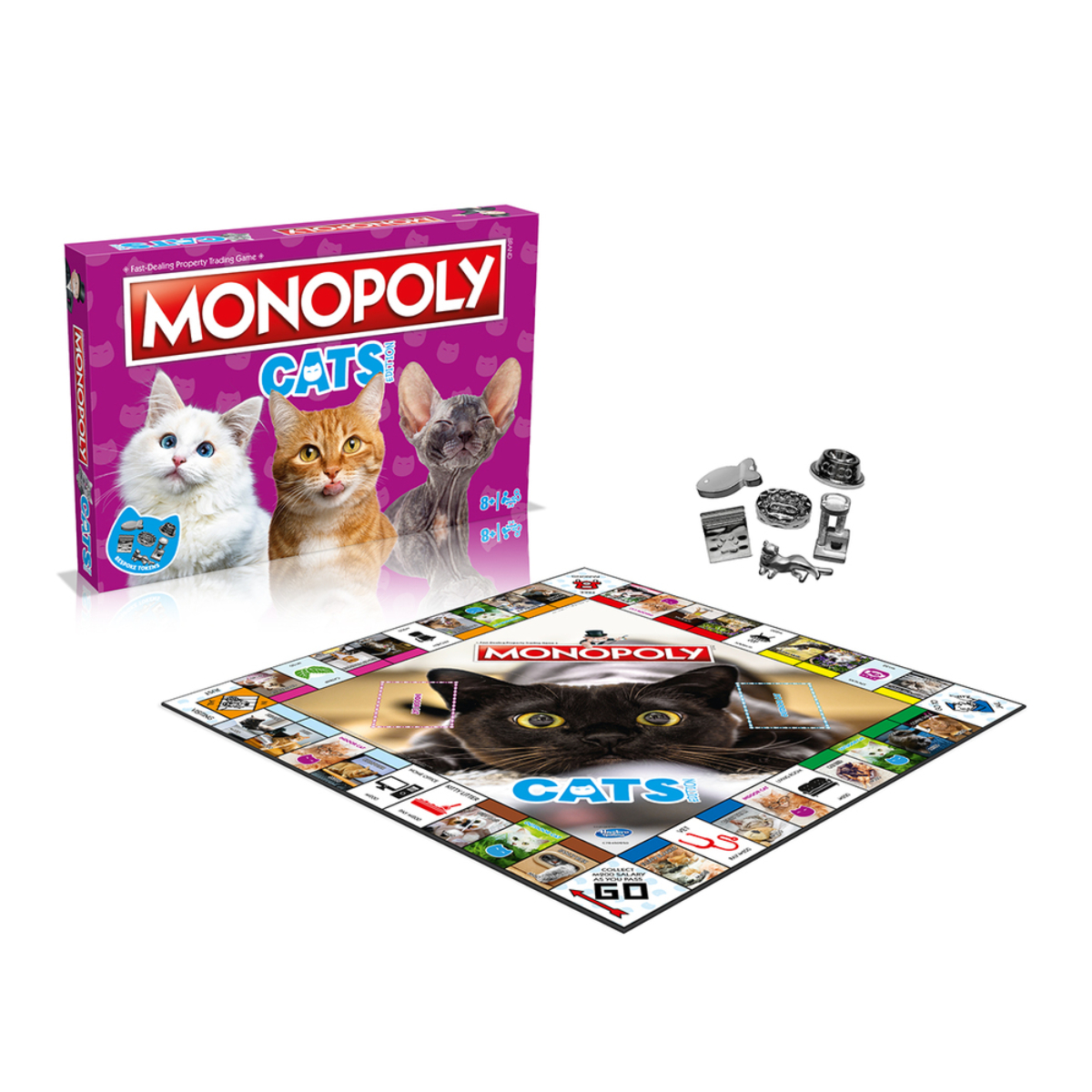 Il gioco da tavolo Monopoly Cats. Presenta gatti sul tabellone e sulla scatola. Gli accessori sono accanto.