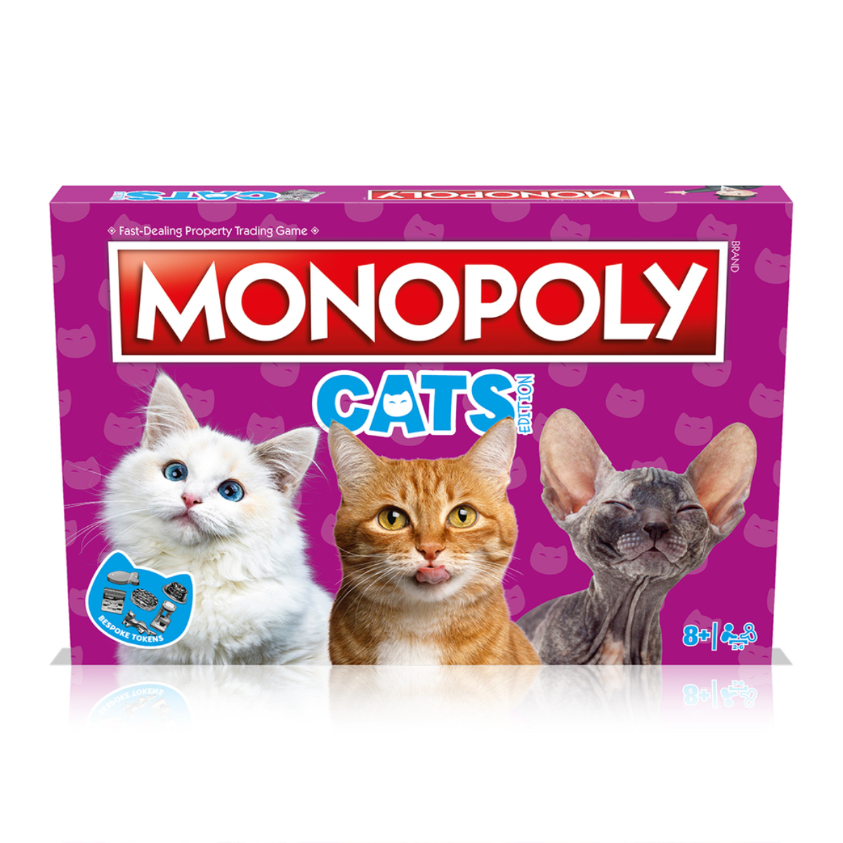 Scatola del gioco Monopoly Cats con tre gatti: Ragdoll, tabby arancione e Sphynx.