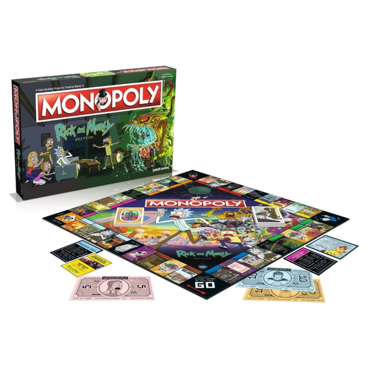 Monopoly-Spielbox mit Rick-und-Morty-Thema und Spielbrett mit Karten und Geld.