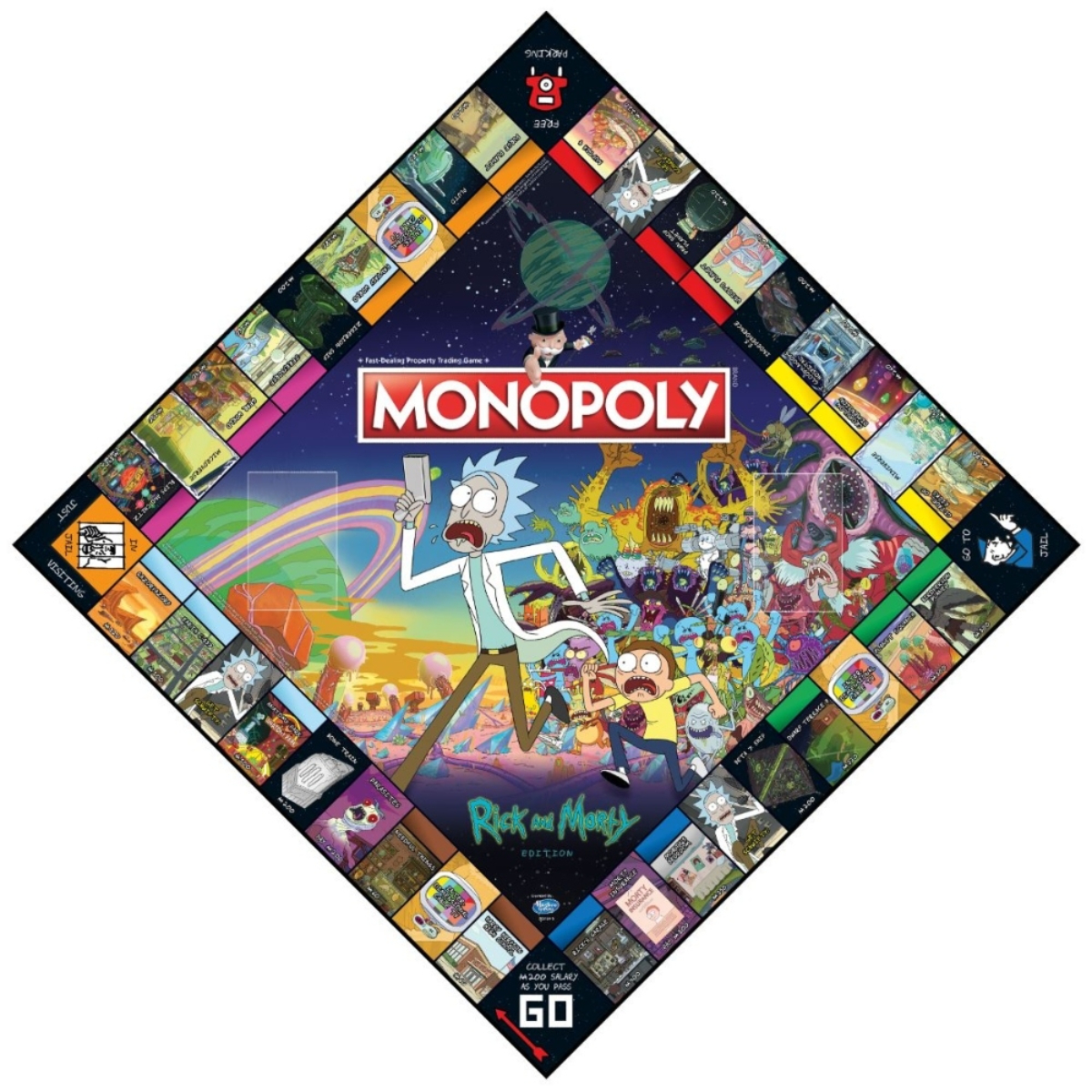 Monopoly-Brettspiel mit Rick-und-Morty-Thema. Charaktere sind in der Mitte. Bunte Spielfelder umgeben es.