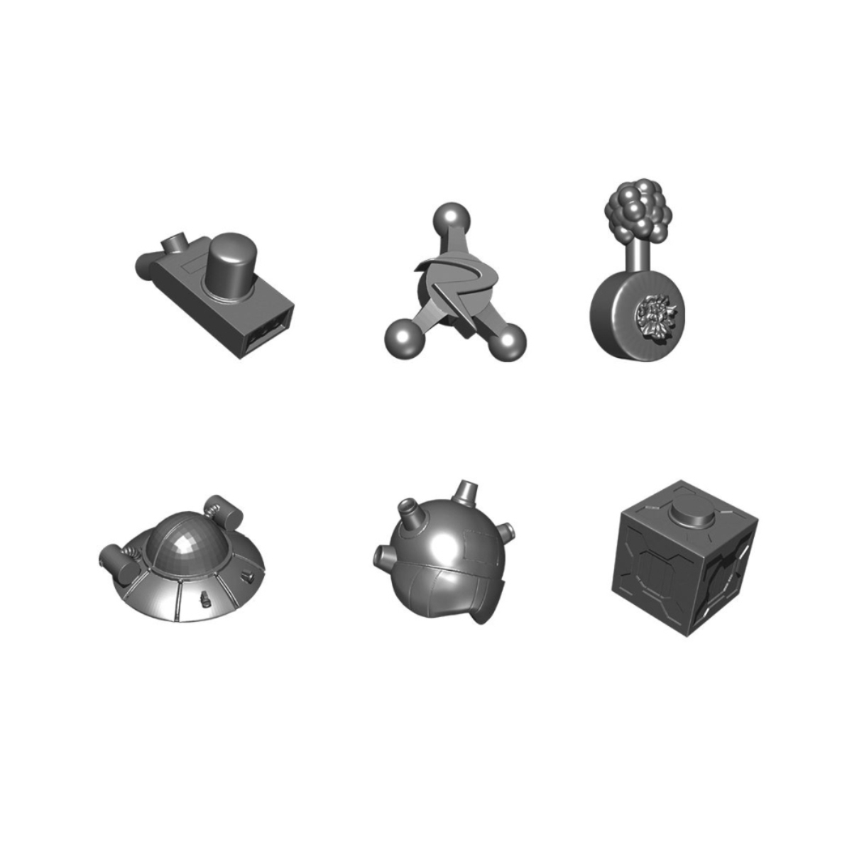 Sechs kleine 3D-gerenderte Objekte: verschiedene Formen, wahrscheinlich für ein Spiel oder ein Modell.