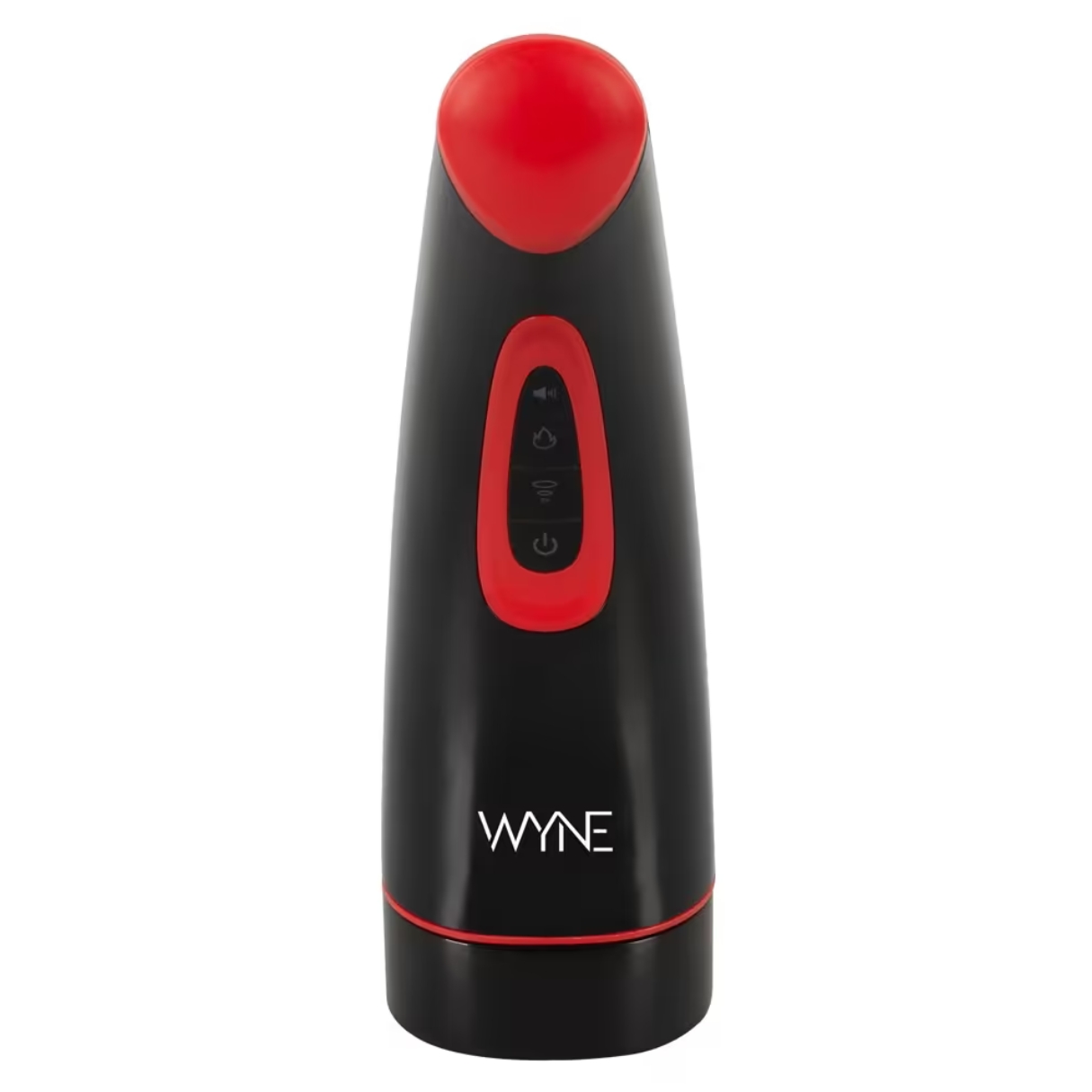 Schwarz-rotes Massagegerät mit Knöpfen und dem Wort WYNE. Es ist für den persönlichen Gebrauch.