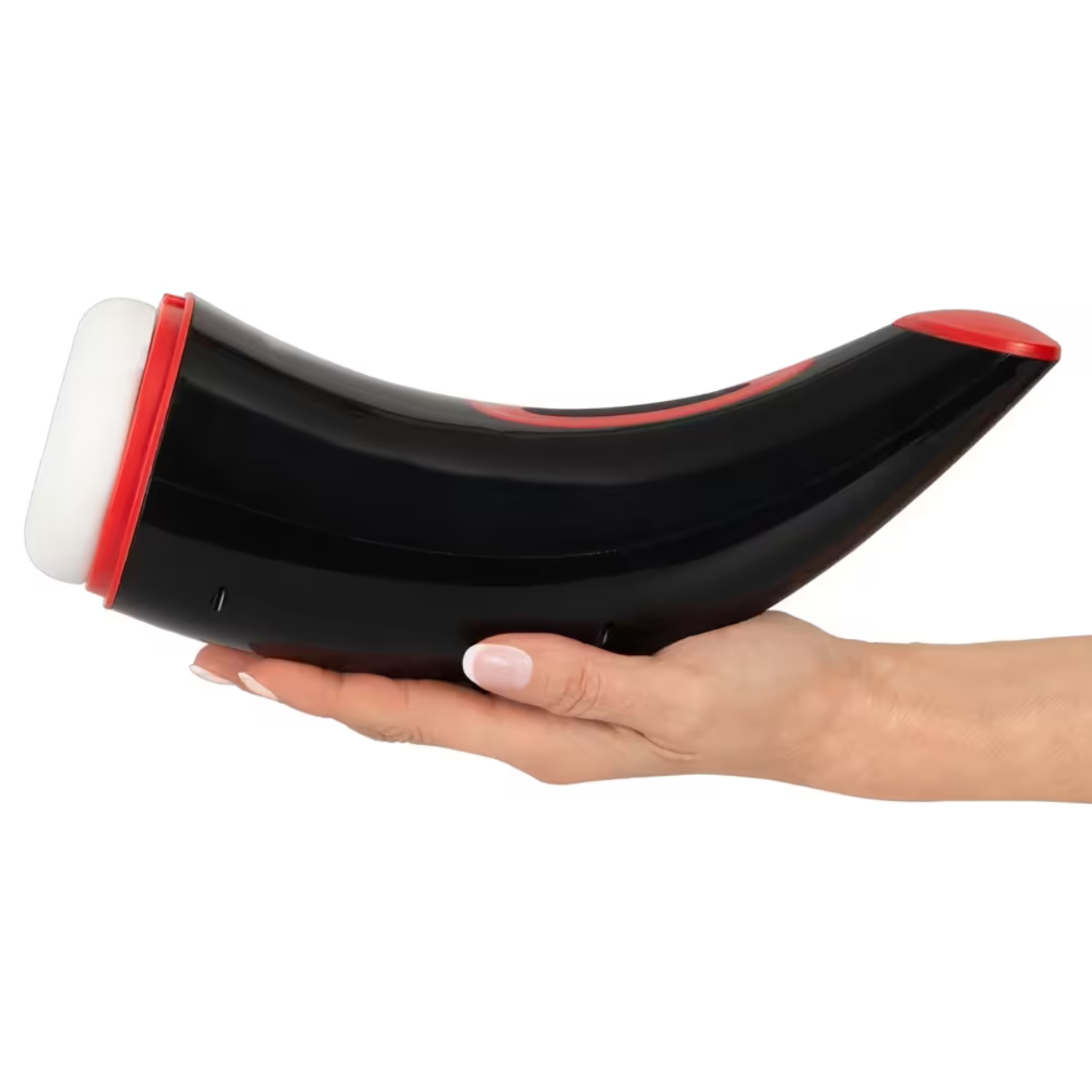 Schwarz-rotes Gerät in der Hand gehalten. Weißer, schwammartiger Spitze mit rotem Akzent.