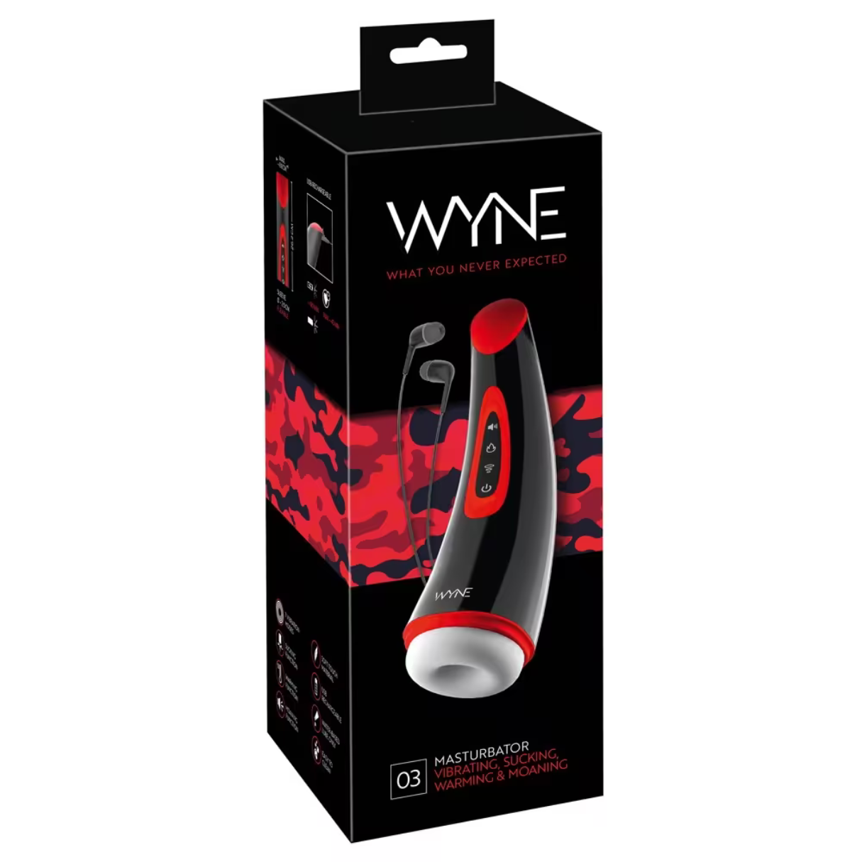 Eine schwarze Box mit der Aufschrift 'WYNE' mit einem Sexspielzeug und Kopfhörern.