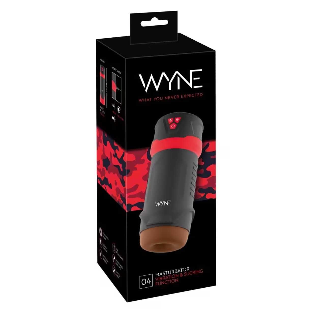 Eine schwarze Box mit einem Sexspielzeug darin. Das Spielzeug ist schwarz und rot mit dem Wort 'WYNE'.