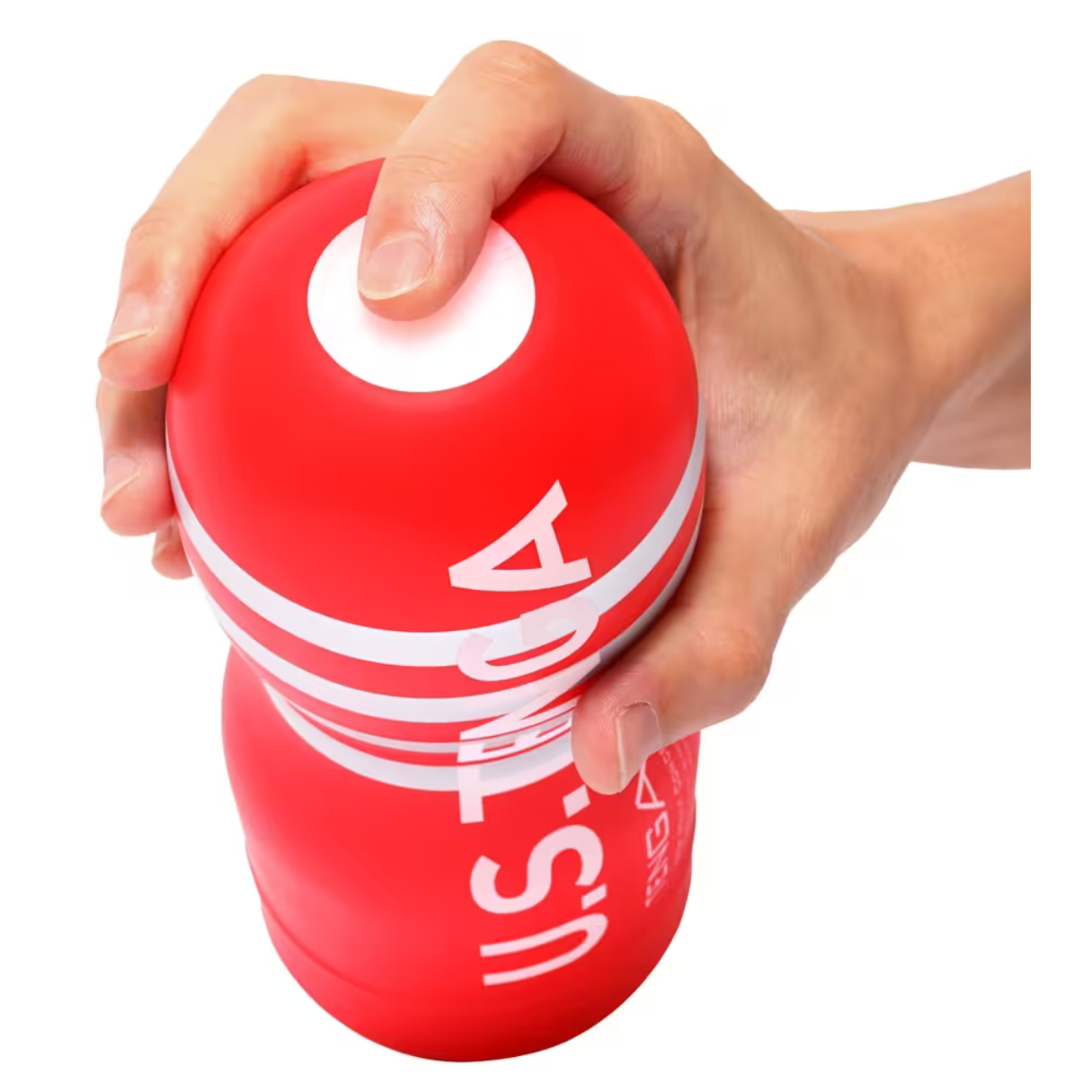 Eine Hand hält einen roten Ball mit weißen Streifen und den Worten 'U.S.A.' und 'ANTANA'.