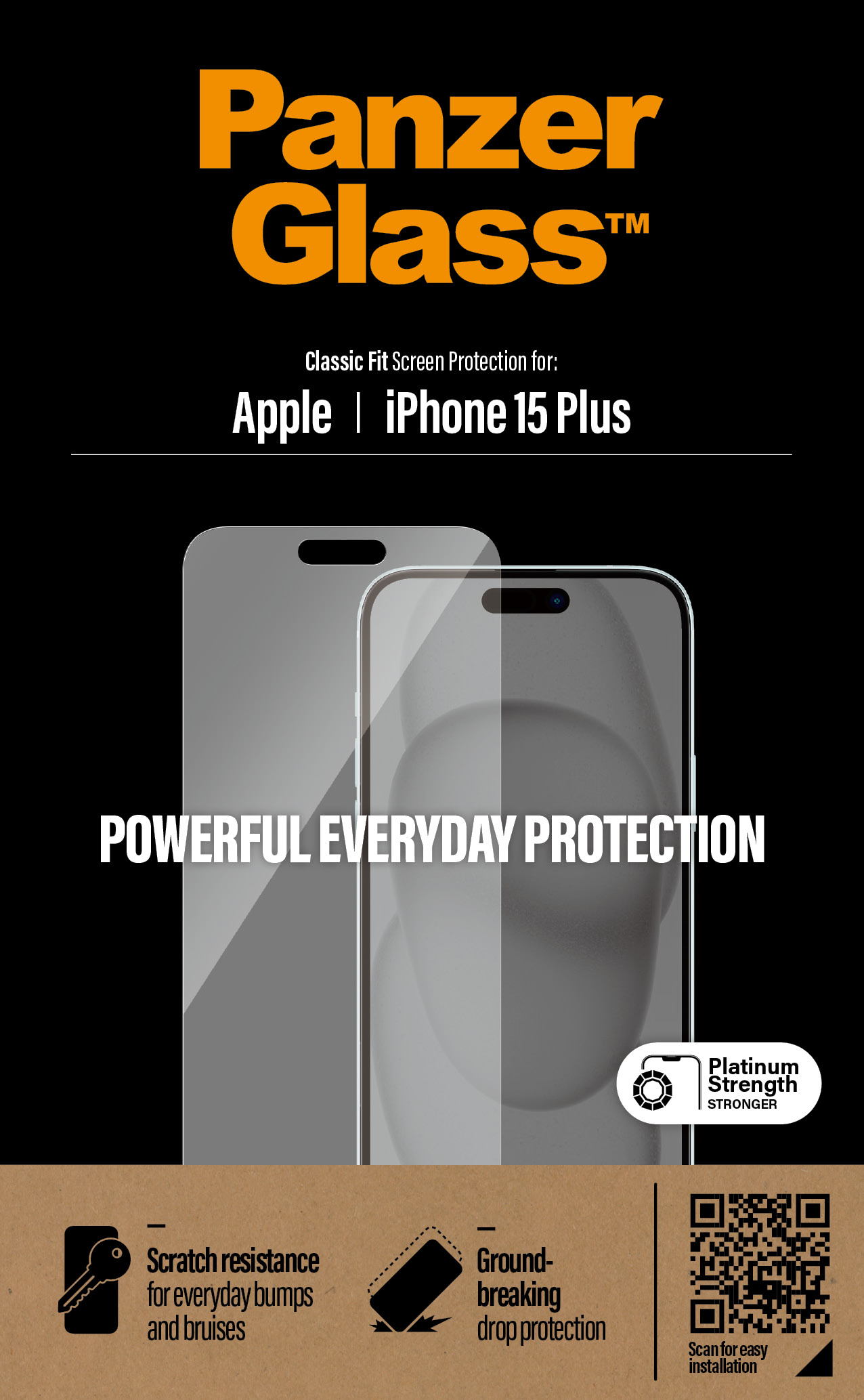 Verpakking van schermbeschermer voor iPhone 15 Plus met beschrijving en omtrek.