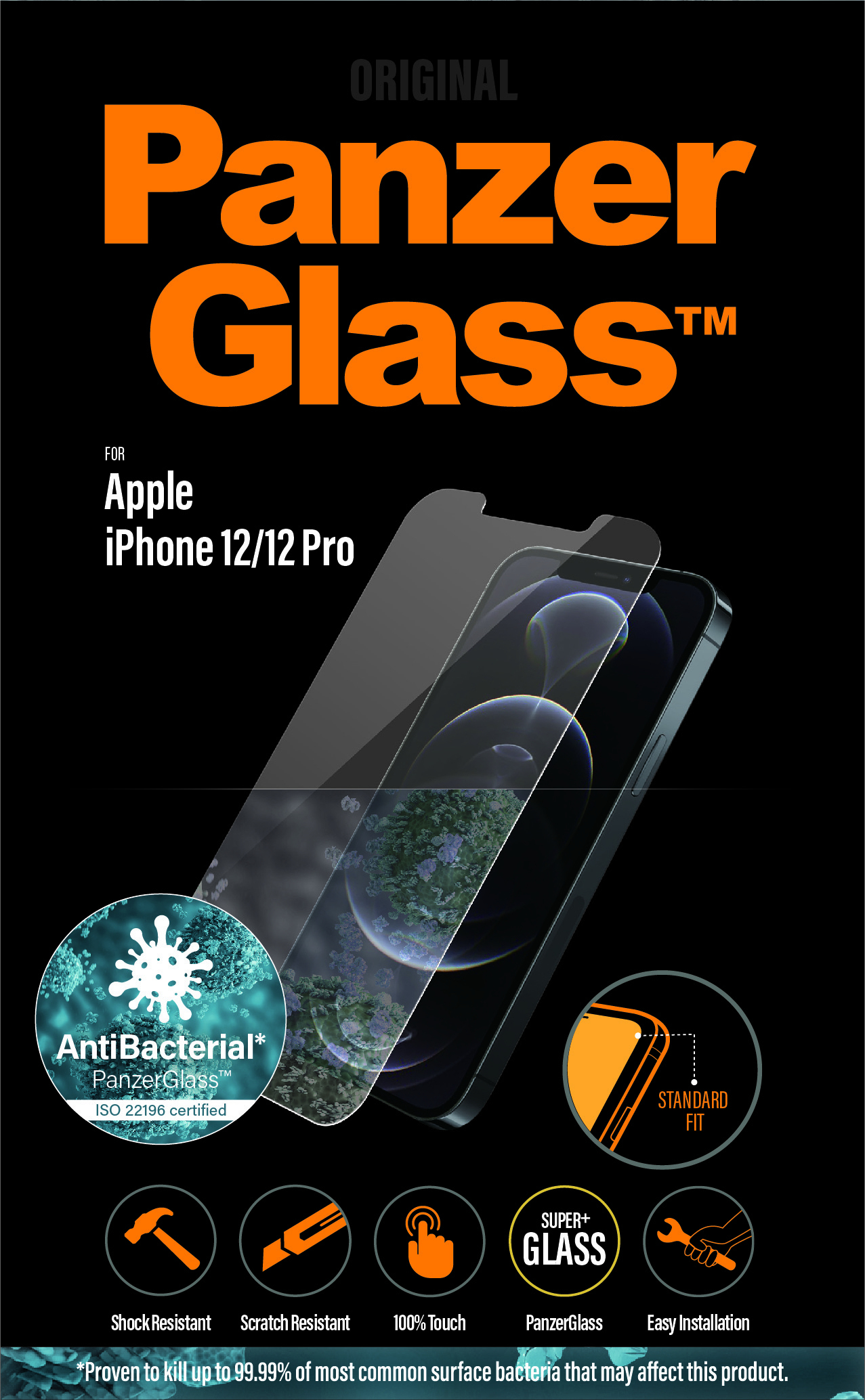 PanzerGlass schermbeschermer voor iPhone 12/12 Pro. Zwarte achtergrond met telefoon en beschermer.