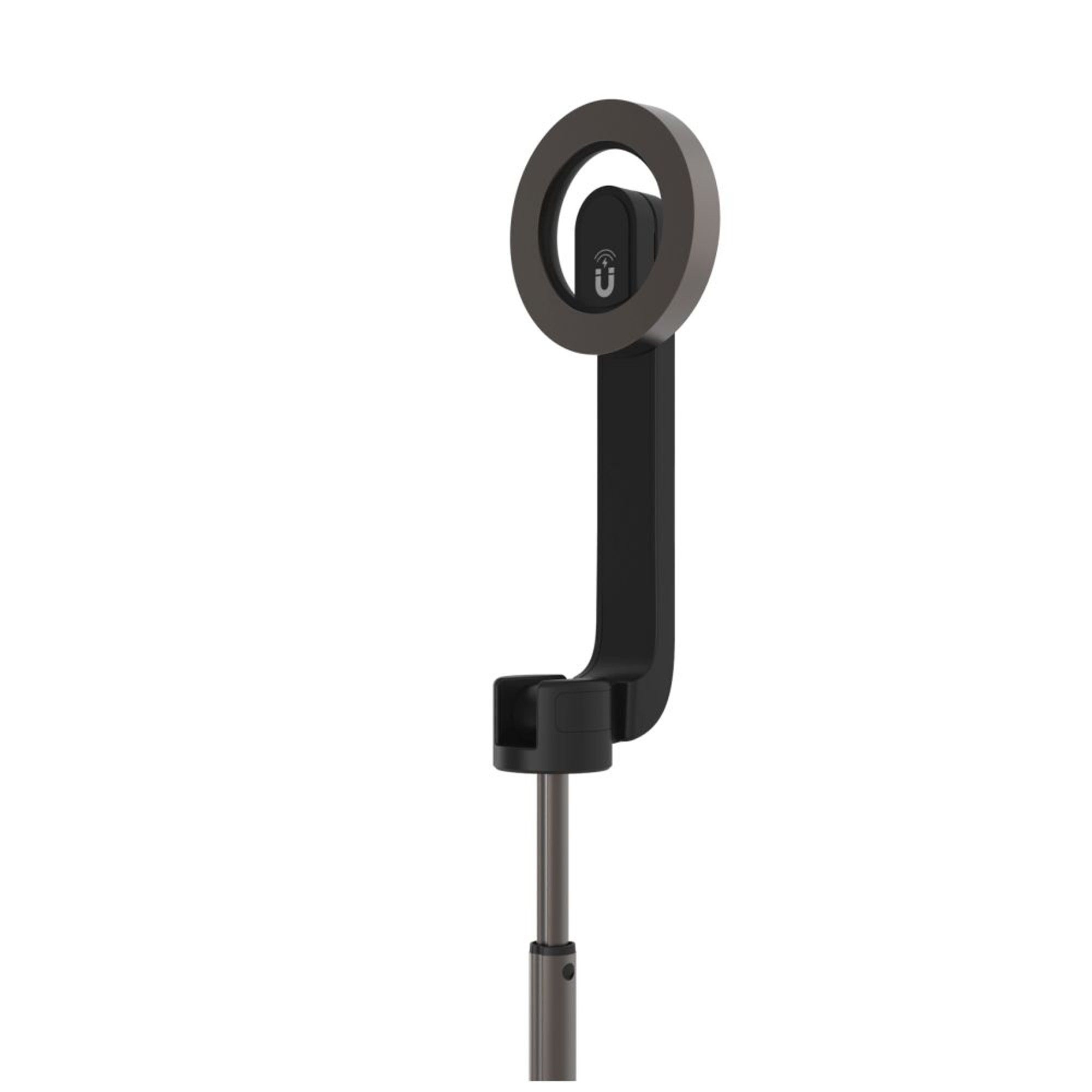 Eine schwarz-graue Ring-Leuchte mit gebogenem Arm und Standfuß.