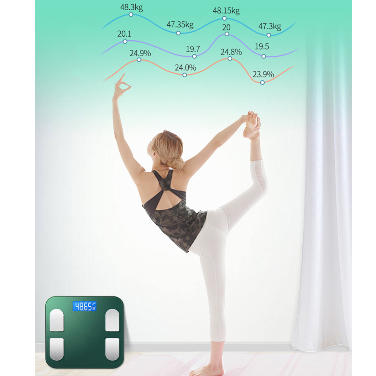 Eine Frau macht eine Yoga-Pose neben einer grünen intelligenten Waage. Blaue Linien und Zahlen sind sichtbar.