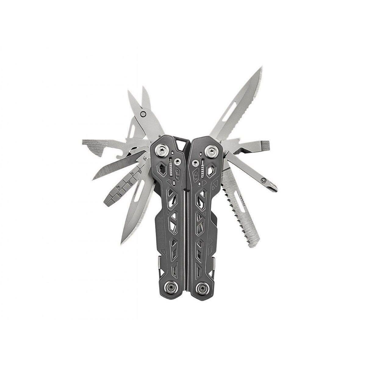 Multitool mit vielen Klingen und Werkzeugen, grau und schwarz.