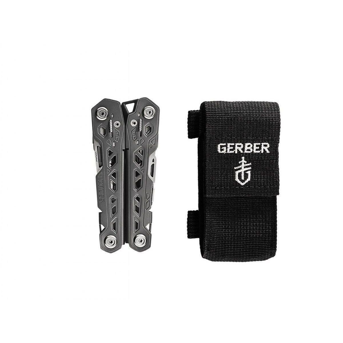 Gerber Multi-Tool mit geöffneten Werkzeugen und schwarzer Tragetasche.