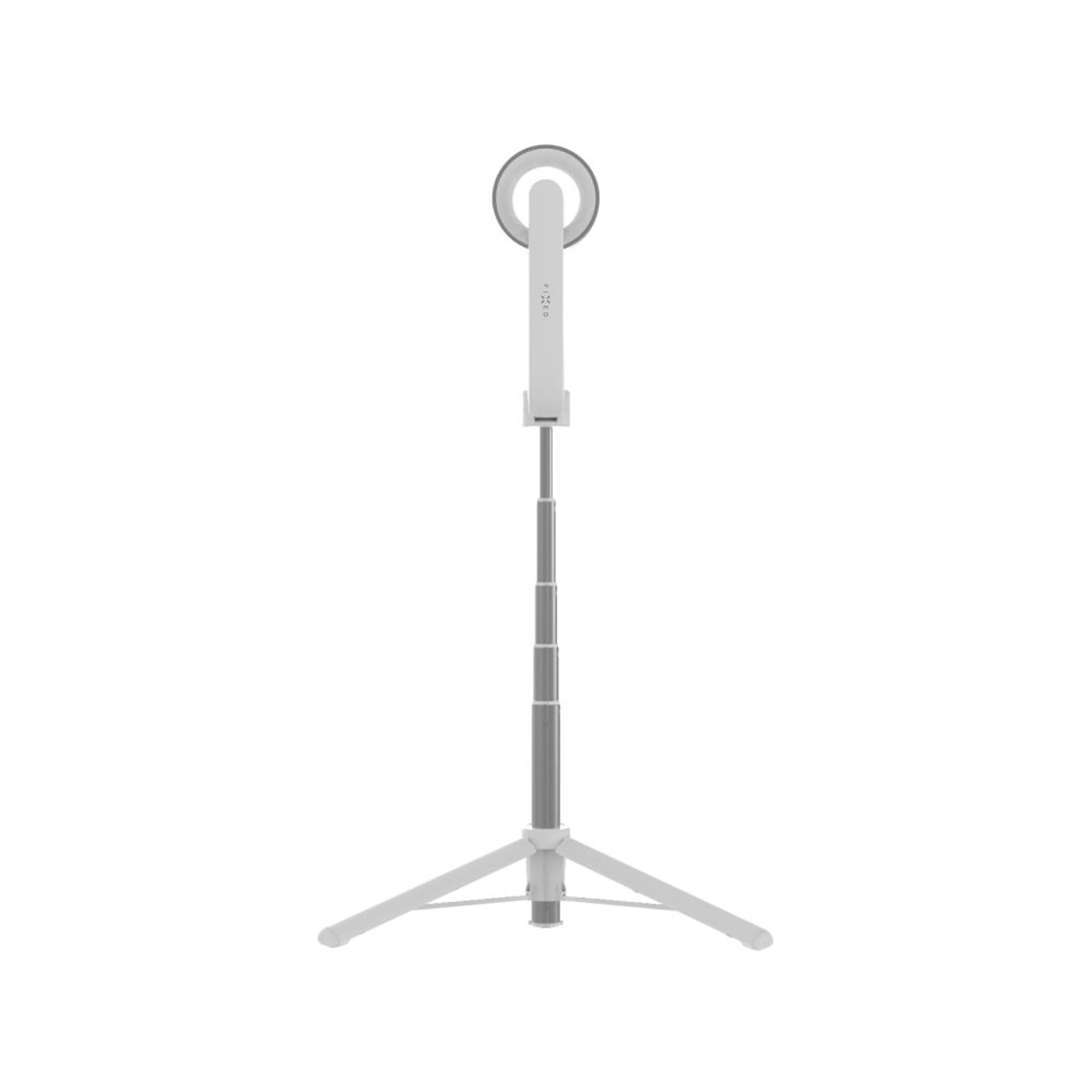 Weißer Selfie-Stick mit Ringlicht. Das Licht ist kreisförmig und der Stick ist ausgezogen.