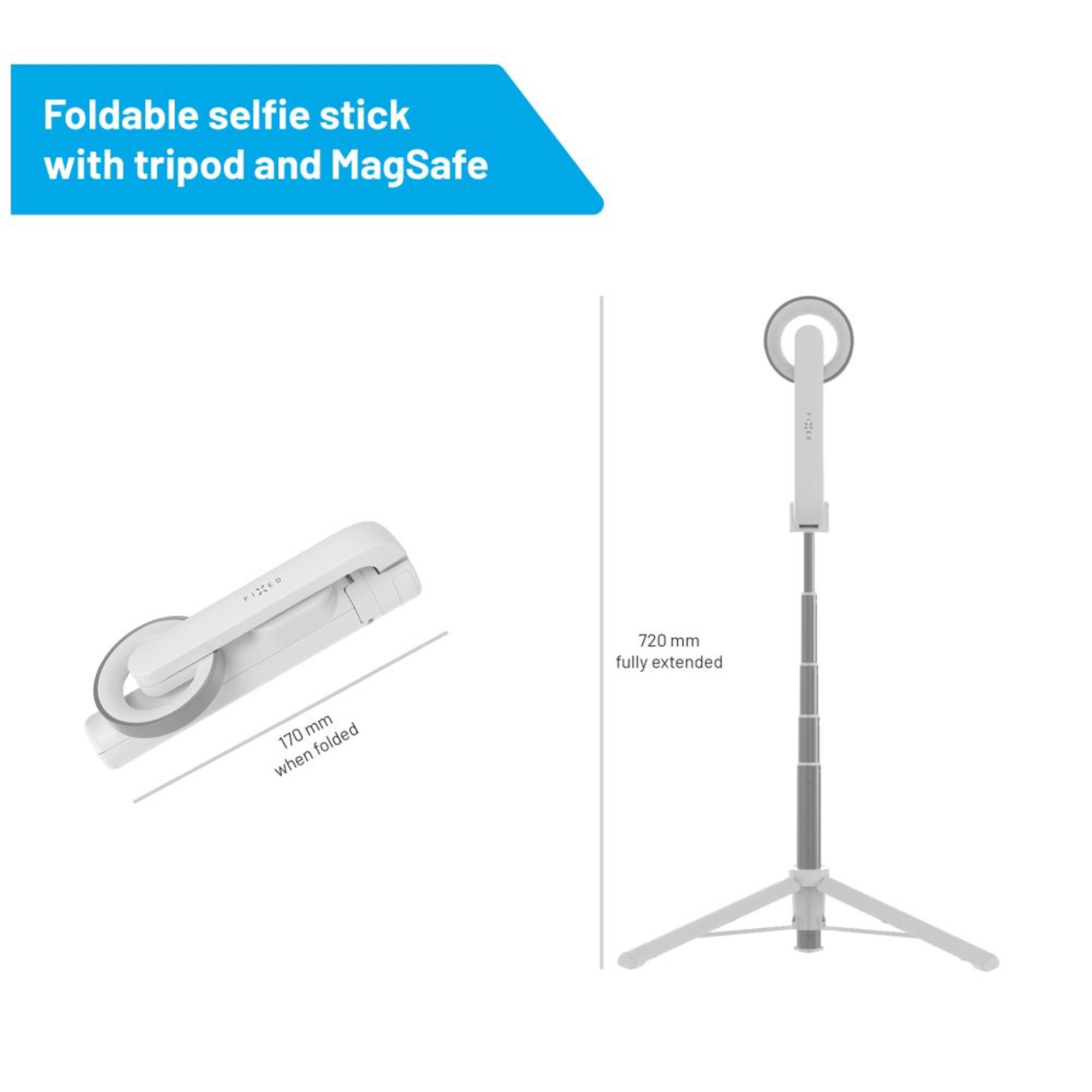 Weißer Selfie-Stick mit Stativ, gefaltet und ausgezogen, mit Maßangaben.