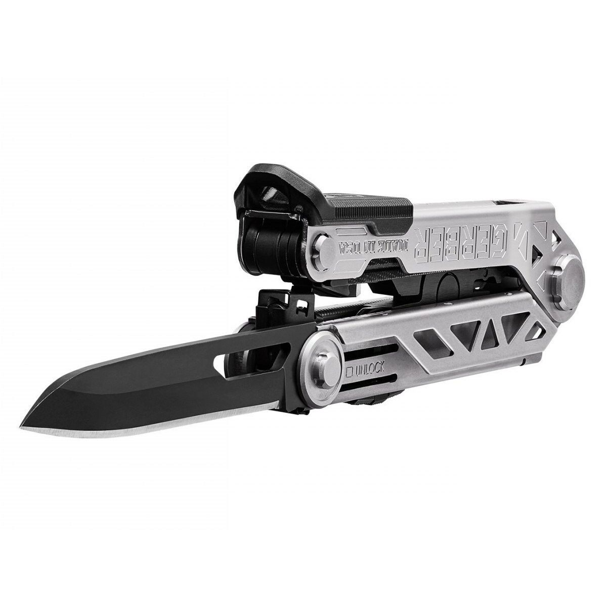 Silbernes Multi-Tool mit schwarzer, geöffneter Klinge.