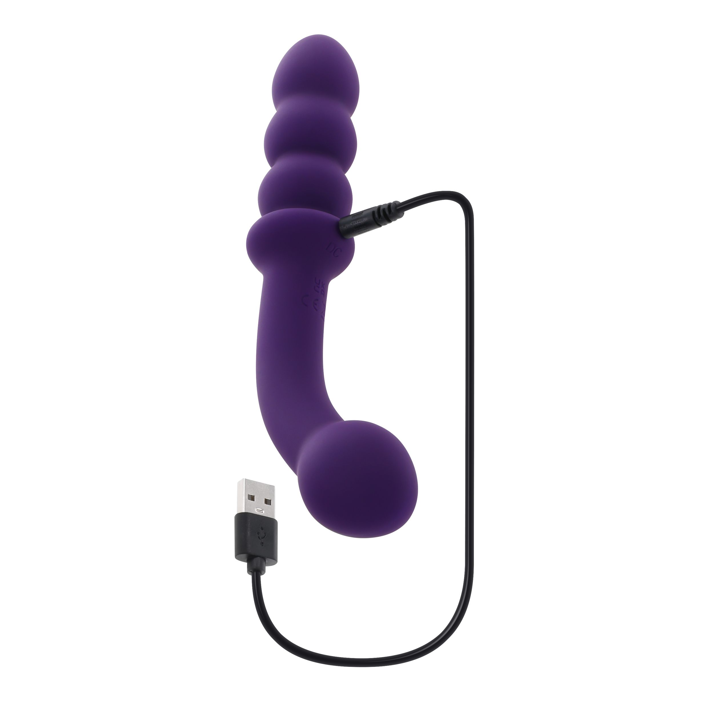 Lila Sexspielzeug mit gebogener Form und USB-Ladeanschluss auf weißem Hintergrund.