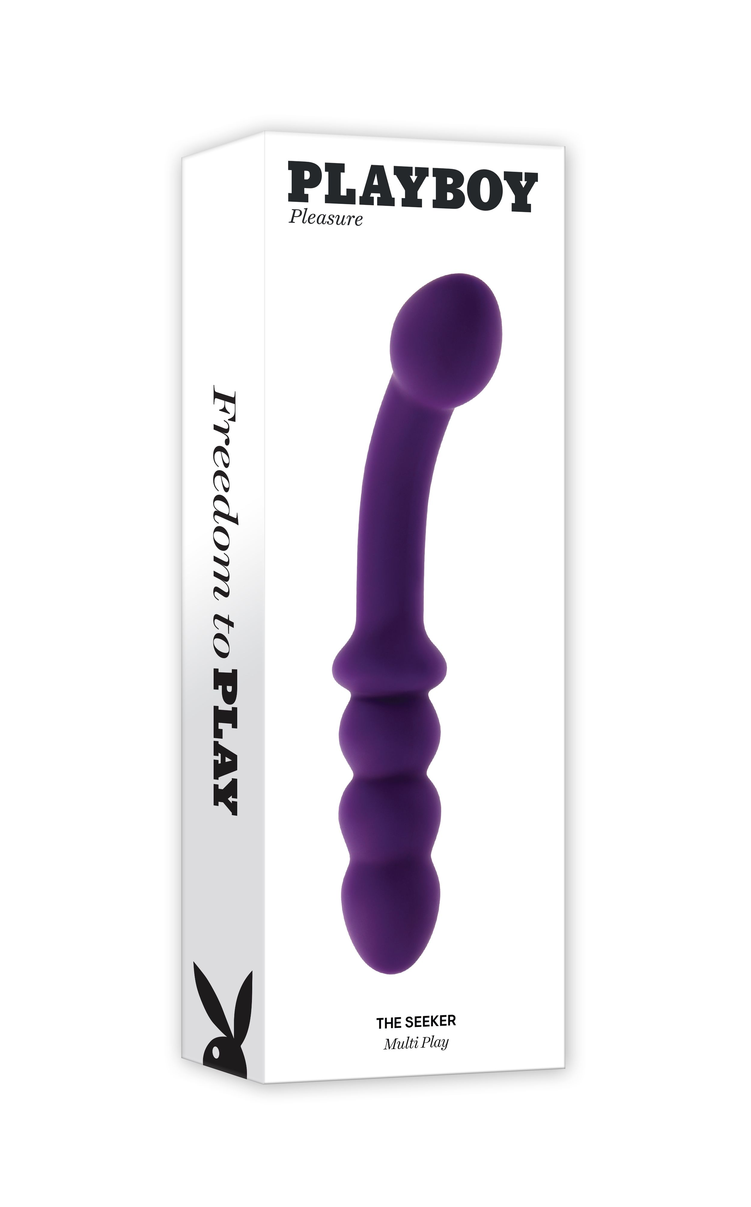 Eine weiße Box mit einem lila Sexspielzeug davor, ein Playboy-Logo ist sichtbar.