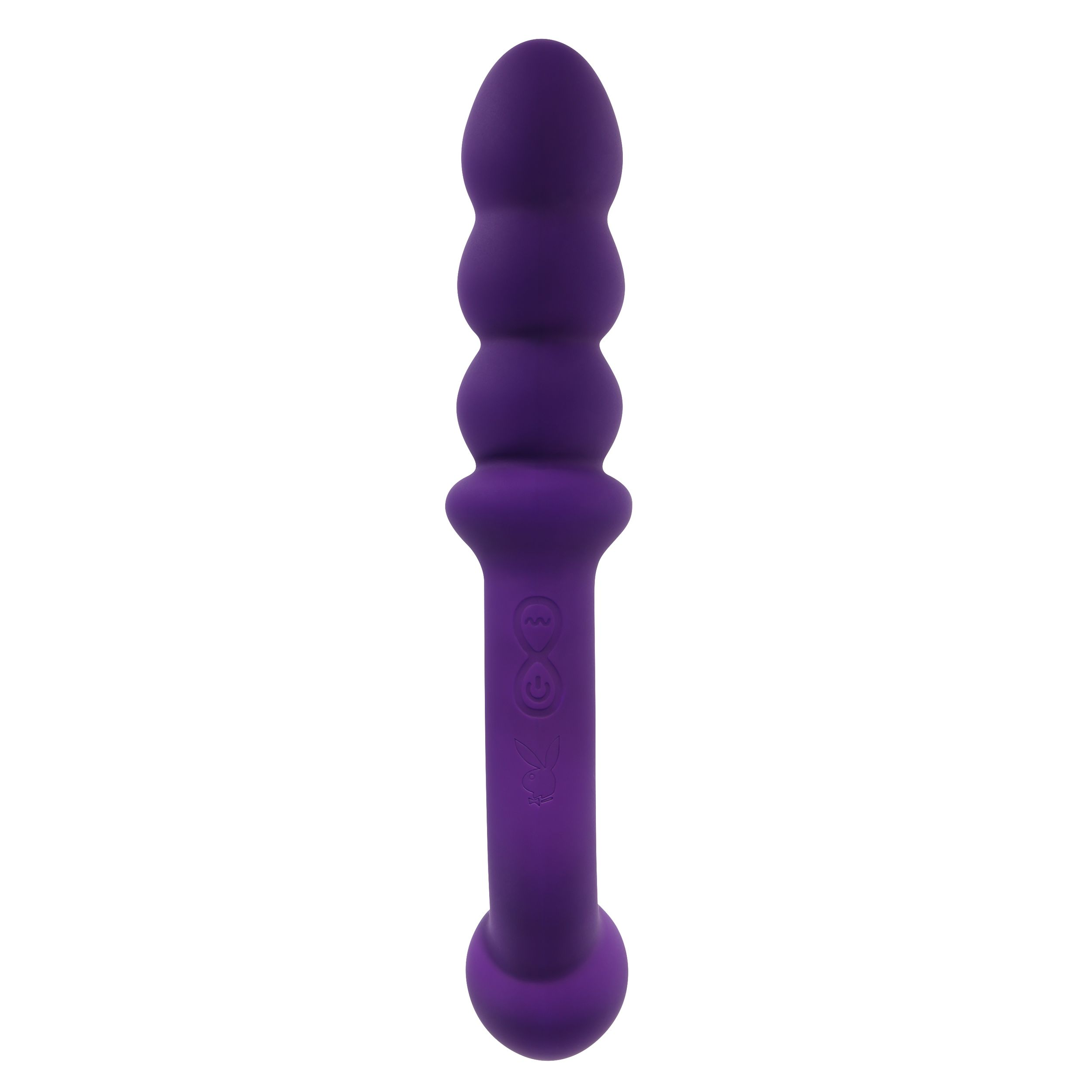 Ein lila Vibrator mit mehreren abgerundeten Ausbuchtungen und einem abgerundeten Sockel.