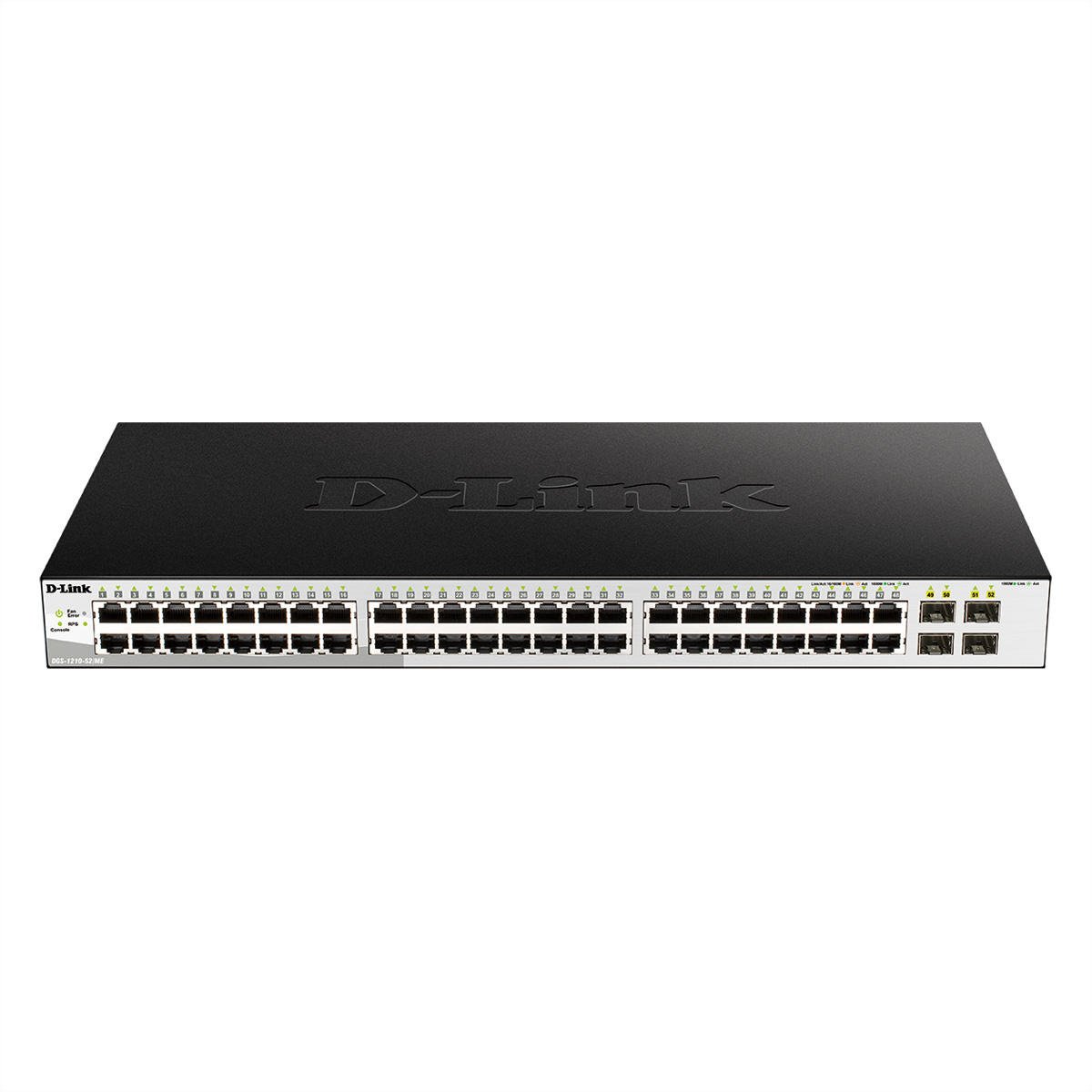 Schwarzer D-Link Netzwerk-Switch mit vielen Anschlüssen. Weißer Hintergrund.