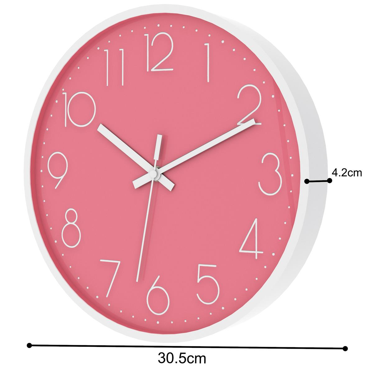 Eine rosa Uhr mit weißen Zahlen und Zeigern, die die Zeit anzeigt. Weißer Rahmen.