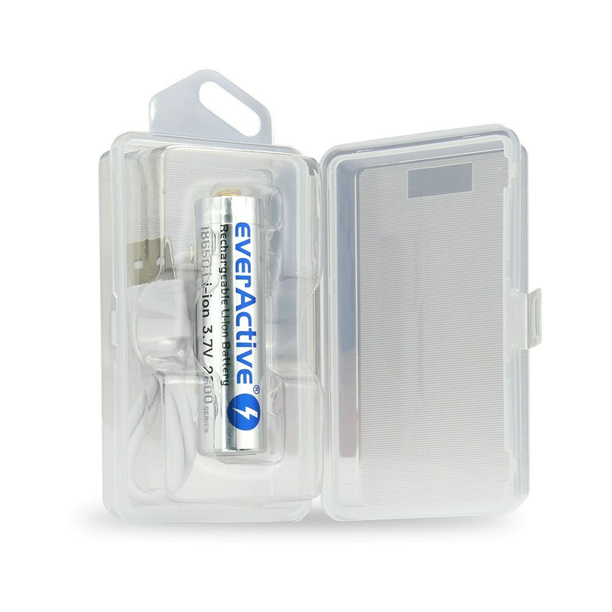 Una batería recargable dentro de una funda de plástico transparente. La funda está abierta, mostrando la batería y un cargador pequeño.