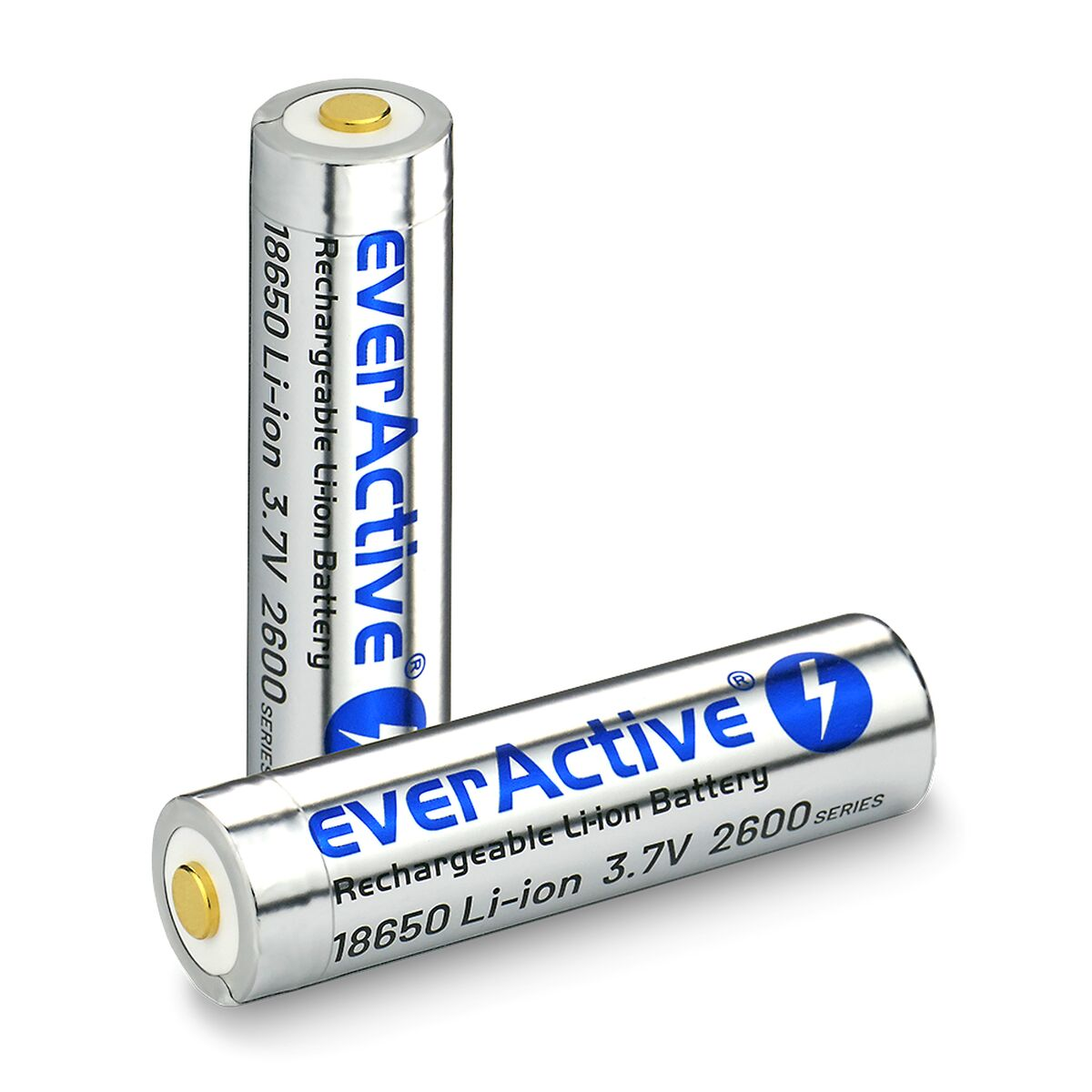 Dos baterías recargables EverActive, etiqueta plateada y azul, fondo blanco.