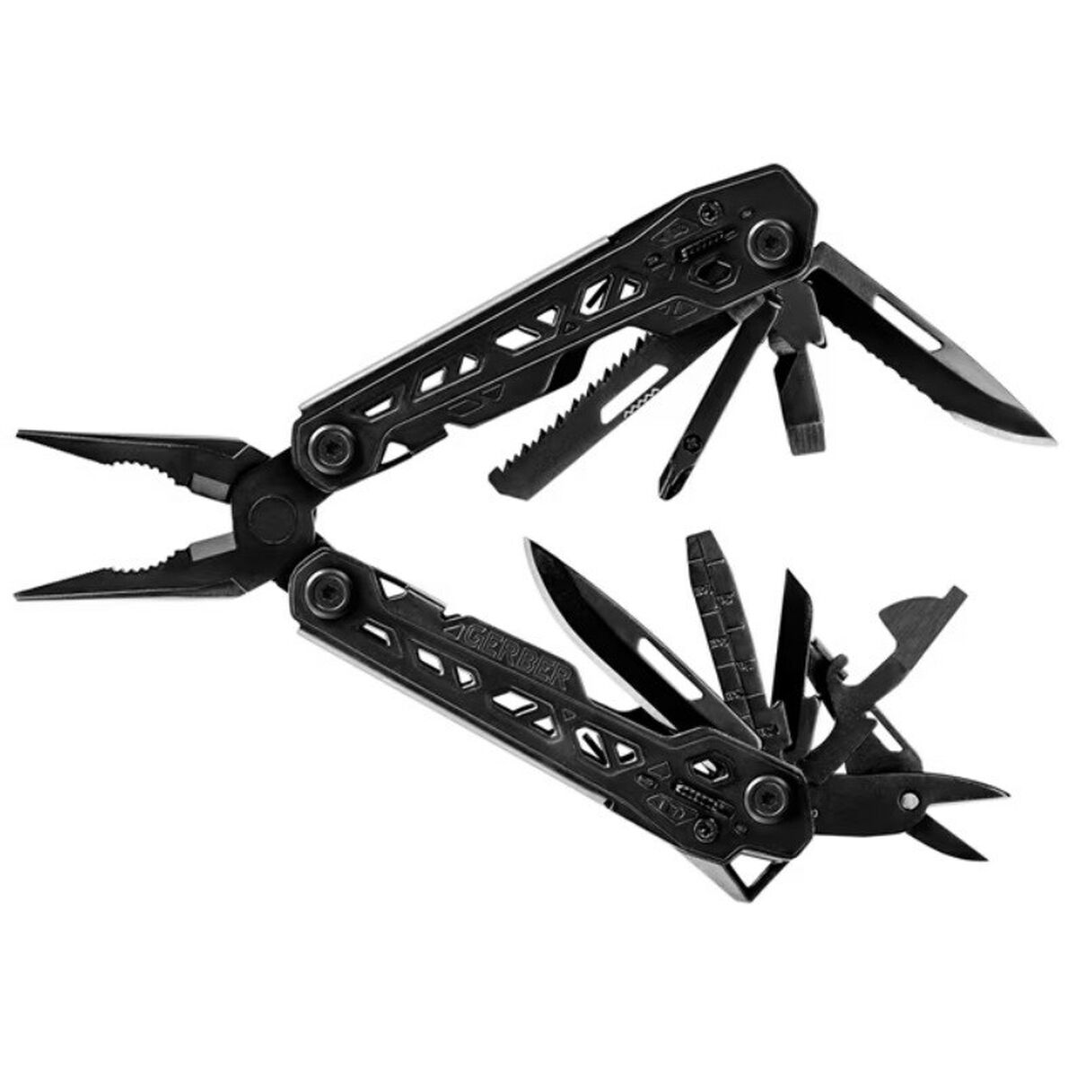 Schwarzes Multi-Tool mit mehreren Werkzeugen ausgefahren.