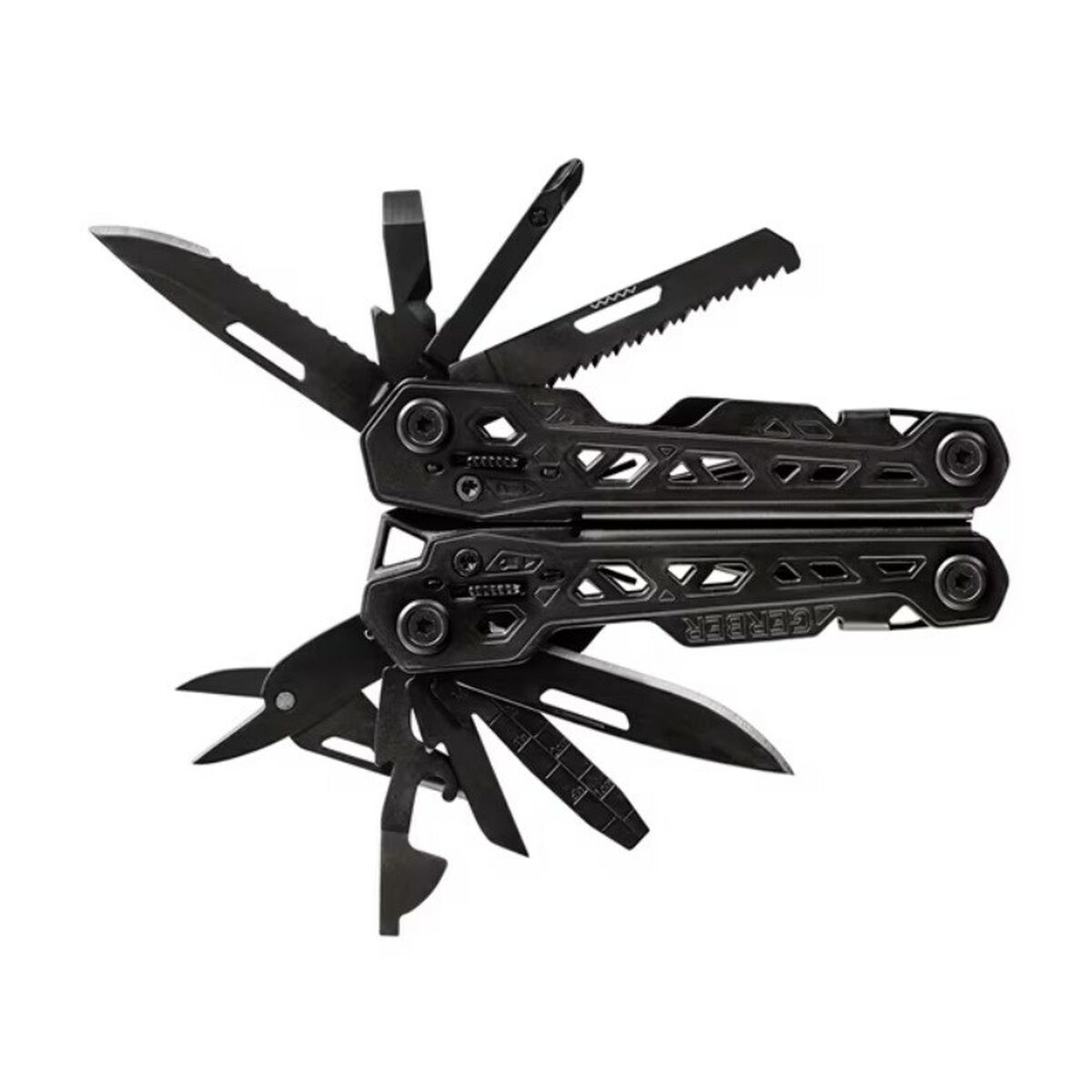 Multitool. Schwarz. Verschiedene Werkzeuge sind geöffnet. Schere, Messer, Säge usw. Weißer Hintergrund.