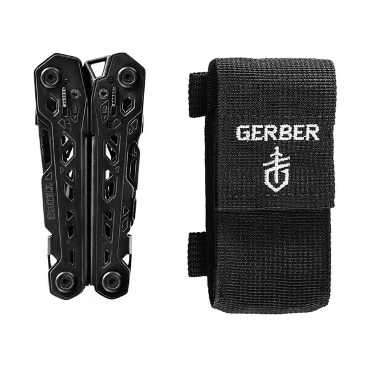 Schwarzes Multitool und seine schwarze Tasche. Das Werkzeug ist offen, seine Komponenten.
