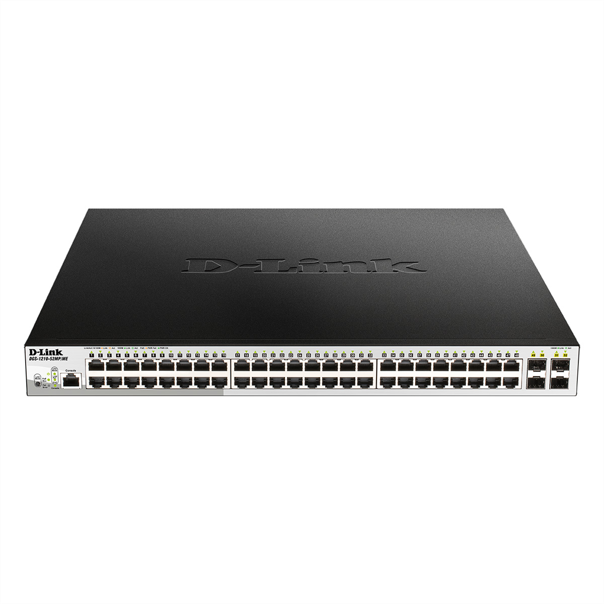 Switch di rete D-Link nero con più porte. Ha una parte superiore nera ed etichette bianche.