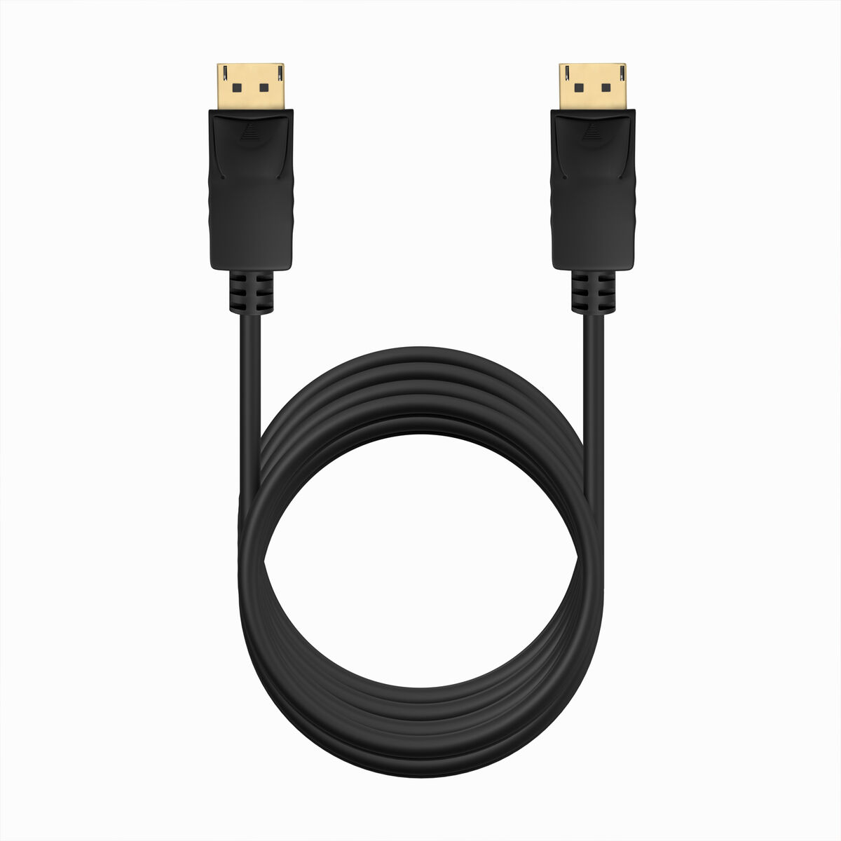 Zwarte DisplayPort-kabel, met connectoren aan elk uiteinde, tegen een witte achtergrond.