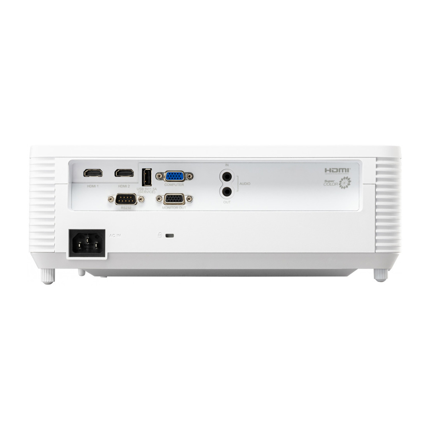 Tył białego projektora z portami i wtyczką zasilania. Białe tło.