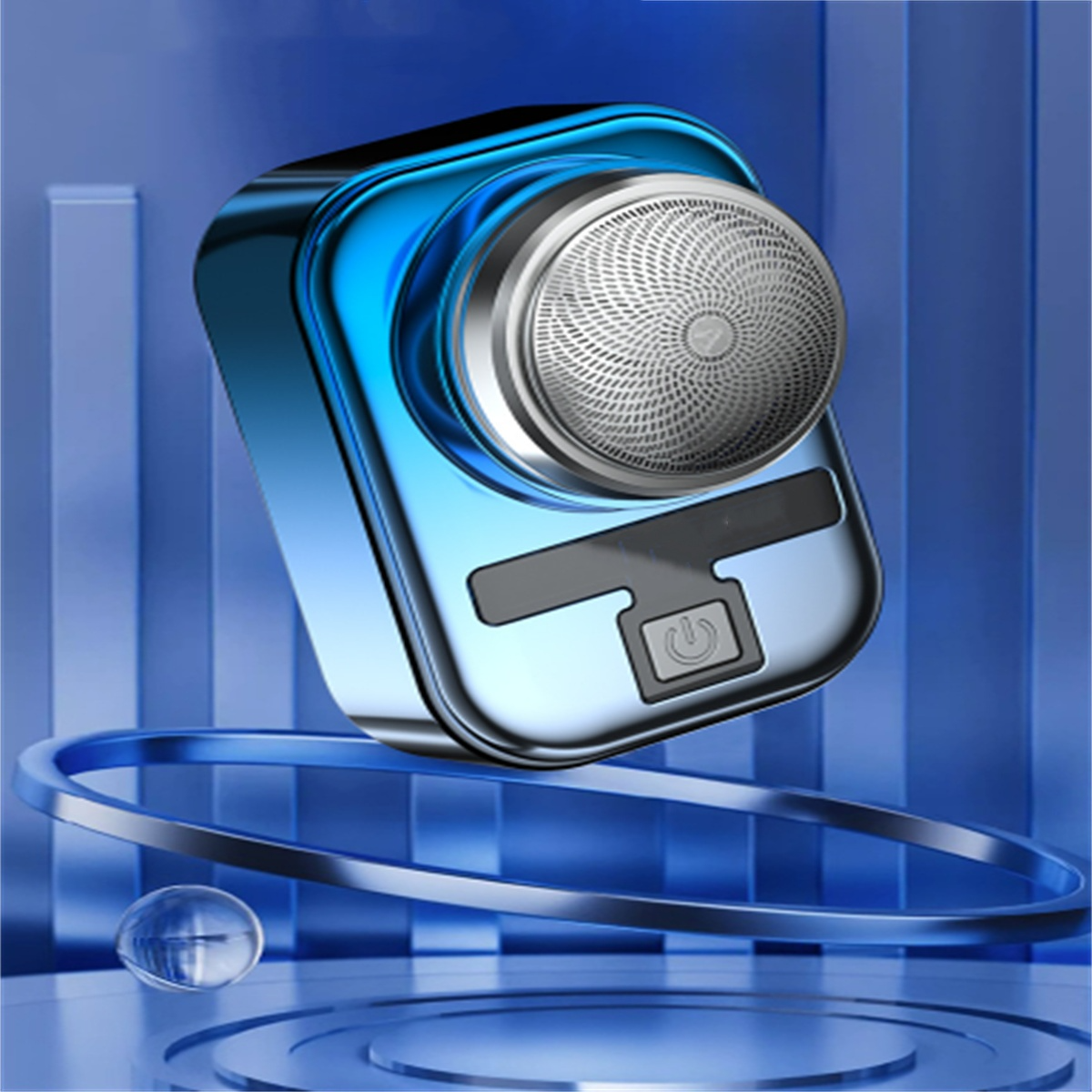 Elektrischer Rasierer, blau und silber. Power-Taste und runder, silberner Scherkopf. Im Studio.