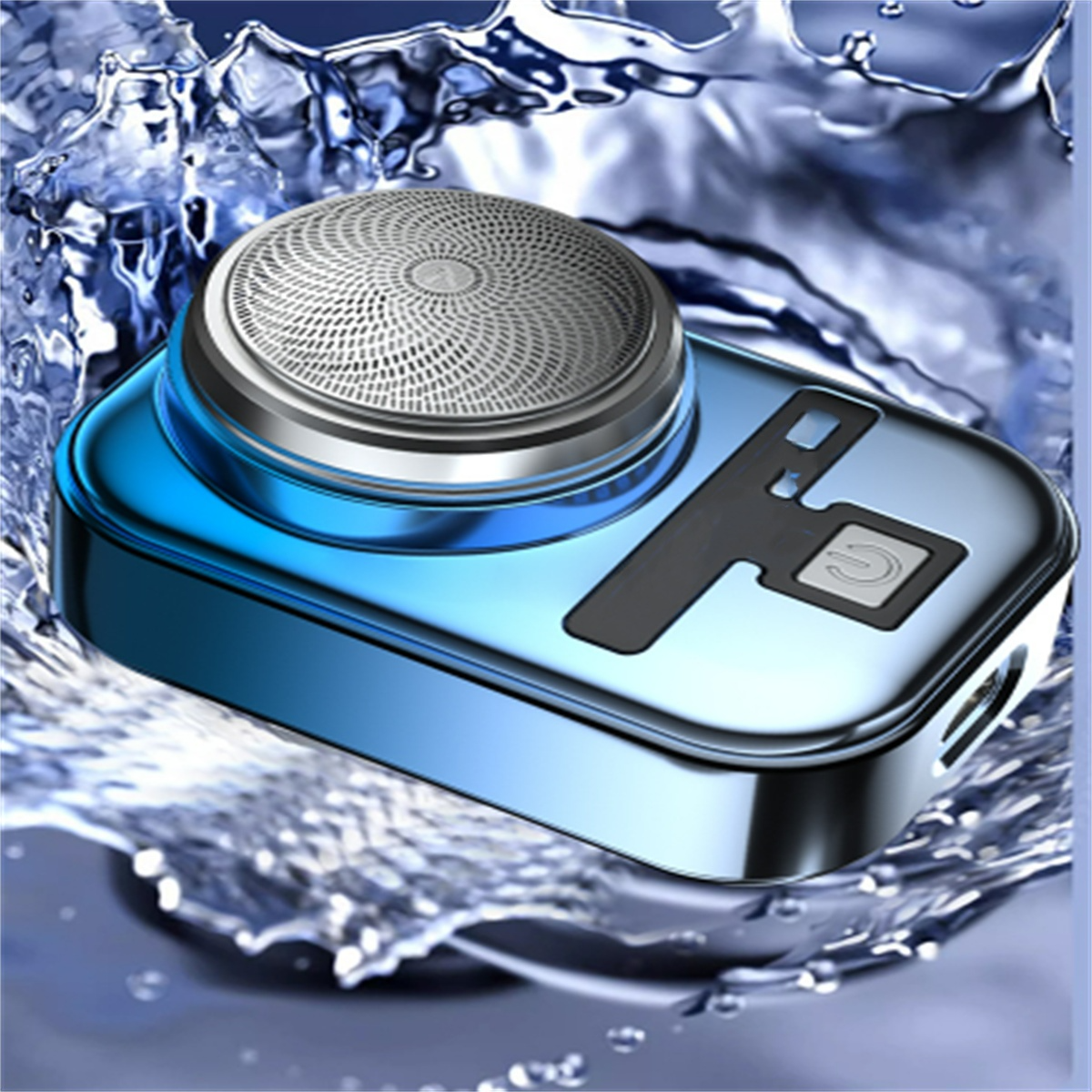 Ein blauer, silberner Elektrorasierer mit Wasserspritzern wird gezeigt.